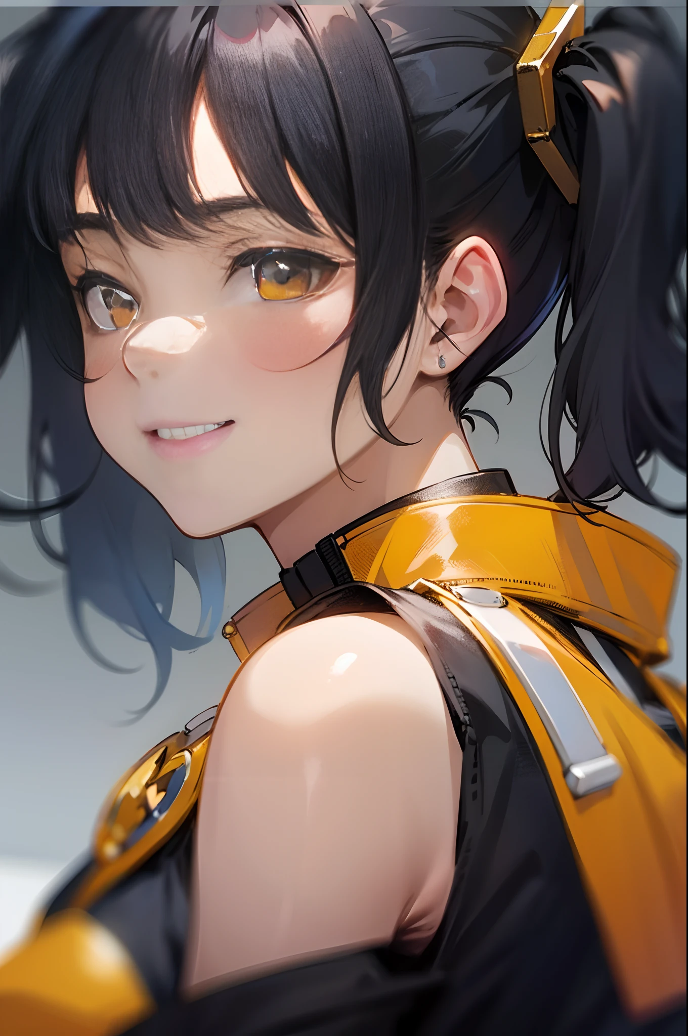 Black hair, Short twin tails, Amber eyes, fake smile,  Close-up, 8K, Super detail, Super Task Force