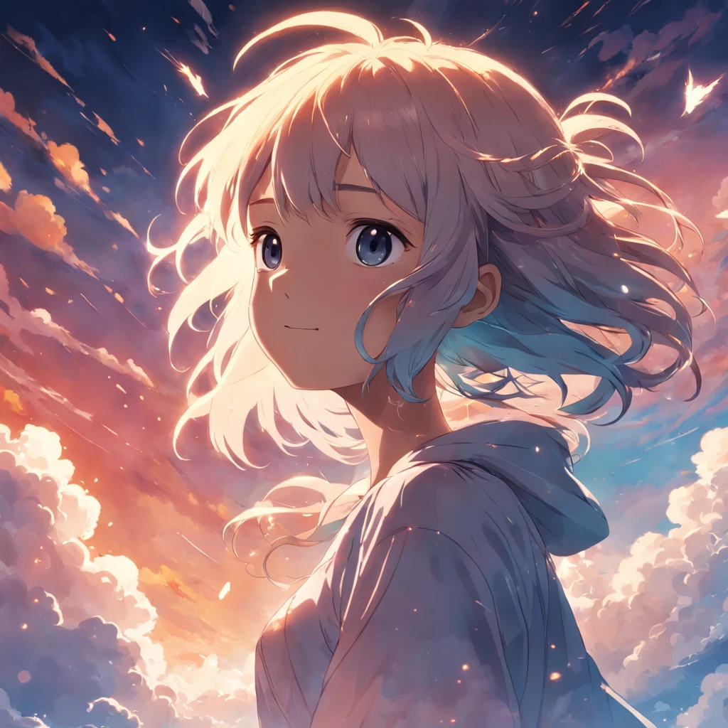 masterpiece, best quality, movie still, 1girl, cloud girl, floating in the sky, close-up, bright, happy, warm soft lighting, sunset, (sparks:0.7)