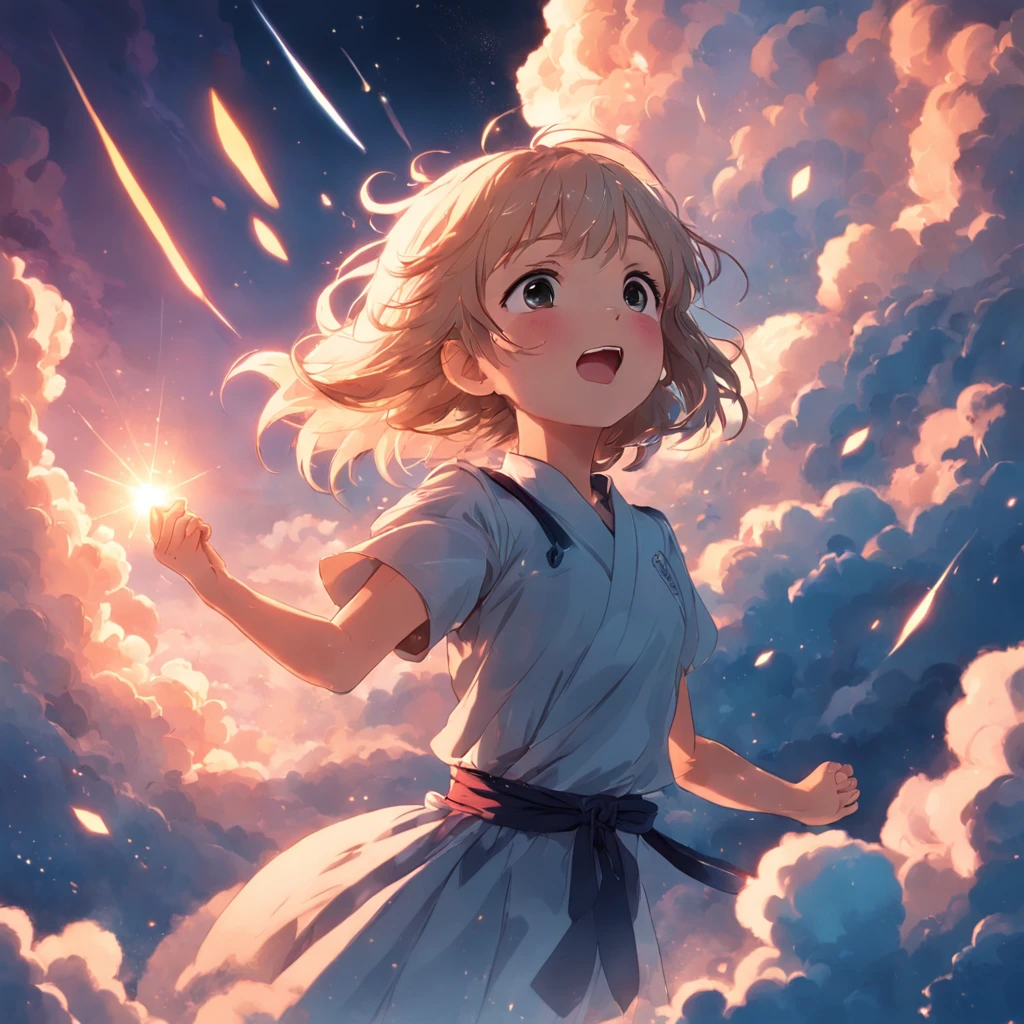 masterpiece, best quality, movie still, 1girl, cloud girl, floating in the sky, close-up, bright, happy, warm soft lighting, sunset, (sparks:0.7)