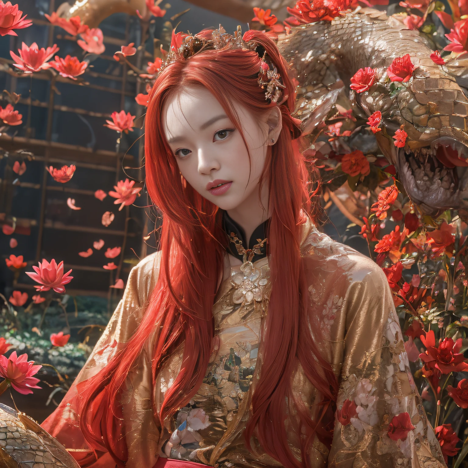 32K(tmasterpiece,k hd,hyper HD,32K)Long flowing red hair,ponds,zydink, a color, Asian people (Silly girl), (Silk scarf), Combat posture, looking at the ground, long whitr hair, Floating hair, Crocodile leather tiara, Chinese long-sleeved clothing, (abstract ink splash:1.2), Pink lotus background,Water lily flower protector(realisticlying:1.4),Red color hair,Snowflakes fluttering,The background is pure, A high resolution, the detail, RAW photogr, Sharp Re, Nikon D850 Film Stock Photo by Jefferies Lee 4 Kodak Portra 400 Camera F1.6 shots, Rich colors, ultra-realistic vivid textures, Dramatic lighting, Unreal Engine Art Station Trend, cinestir 800,Long flowing red hair
