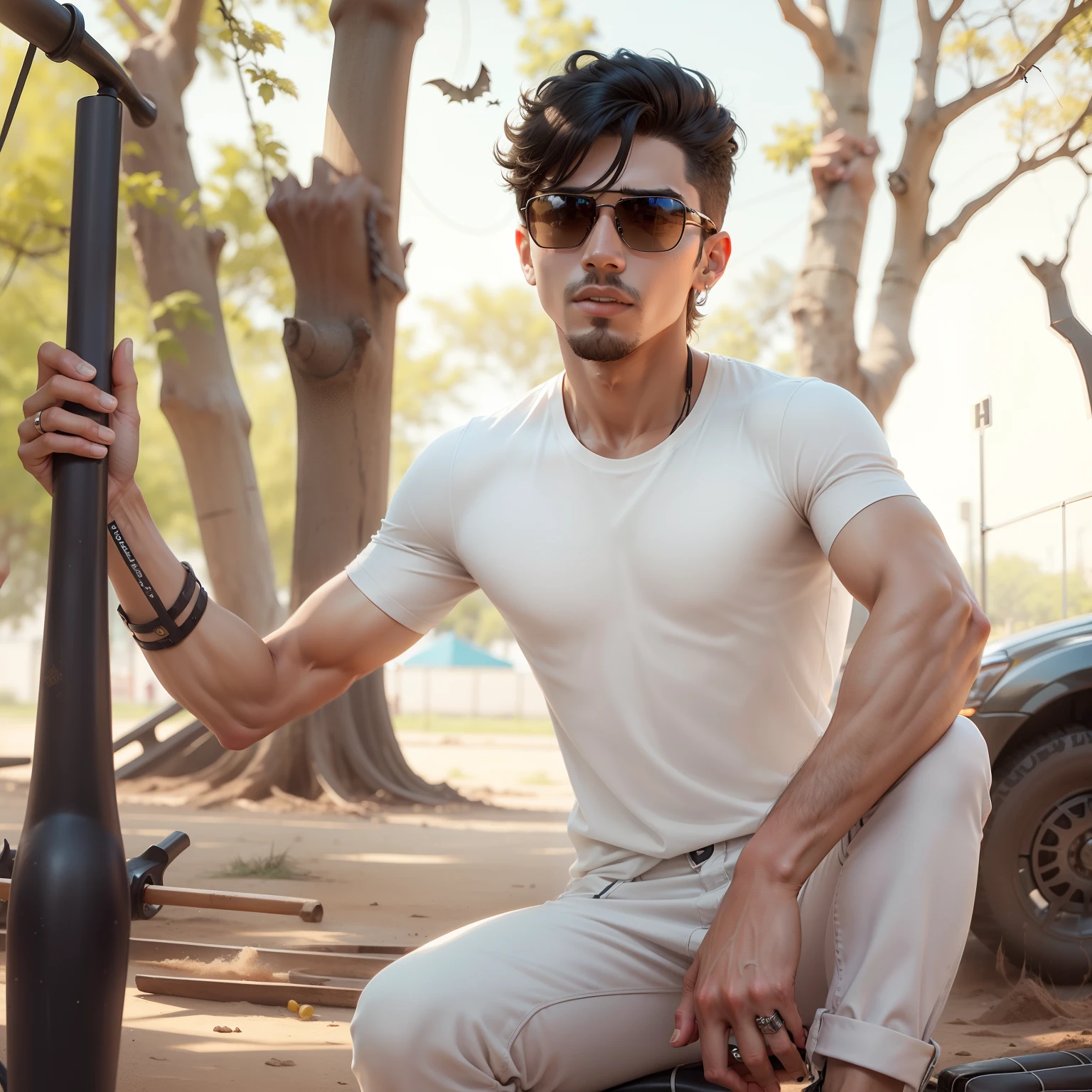 A hot boy and hand bat play ground sunglass had side