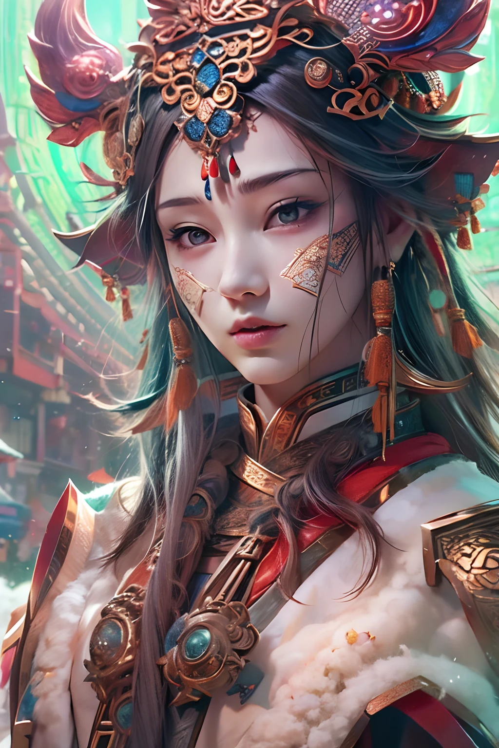 (best qualtiy,tmasterpiece:1.2),超高分辨率,realisticlying,Front lighting,Complicated details,Exquisitedetailsandtextures,(1girll),独奏,standing on your feet,a beauty girl,Tibetan clothing,Colorful costumes, Fleece collar, Padded collar,High-end Tibetan clothing,Cumbersome Tibetan costume design,Warm clothing,Winter clothing,Appearance Yang Chaoran,Rounded face shape,Gorgeous Tibetan costumes,Cumbersome Tibetan necklace,Cumbersome Tibetan headdress,Colored headband,Live-action CG,Sweet style,Film wind,high definition 4k,Photography effects,Studio effect,White glow,Mythical wind,Snowfield background,Role core,Picture ratio 16:9,The mask is fresh。