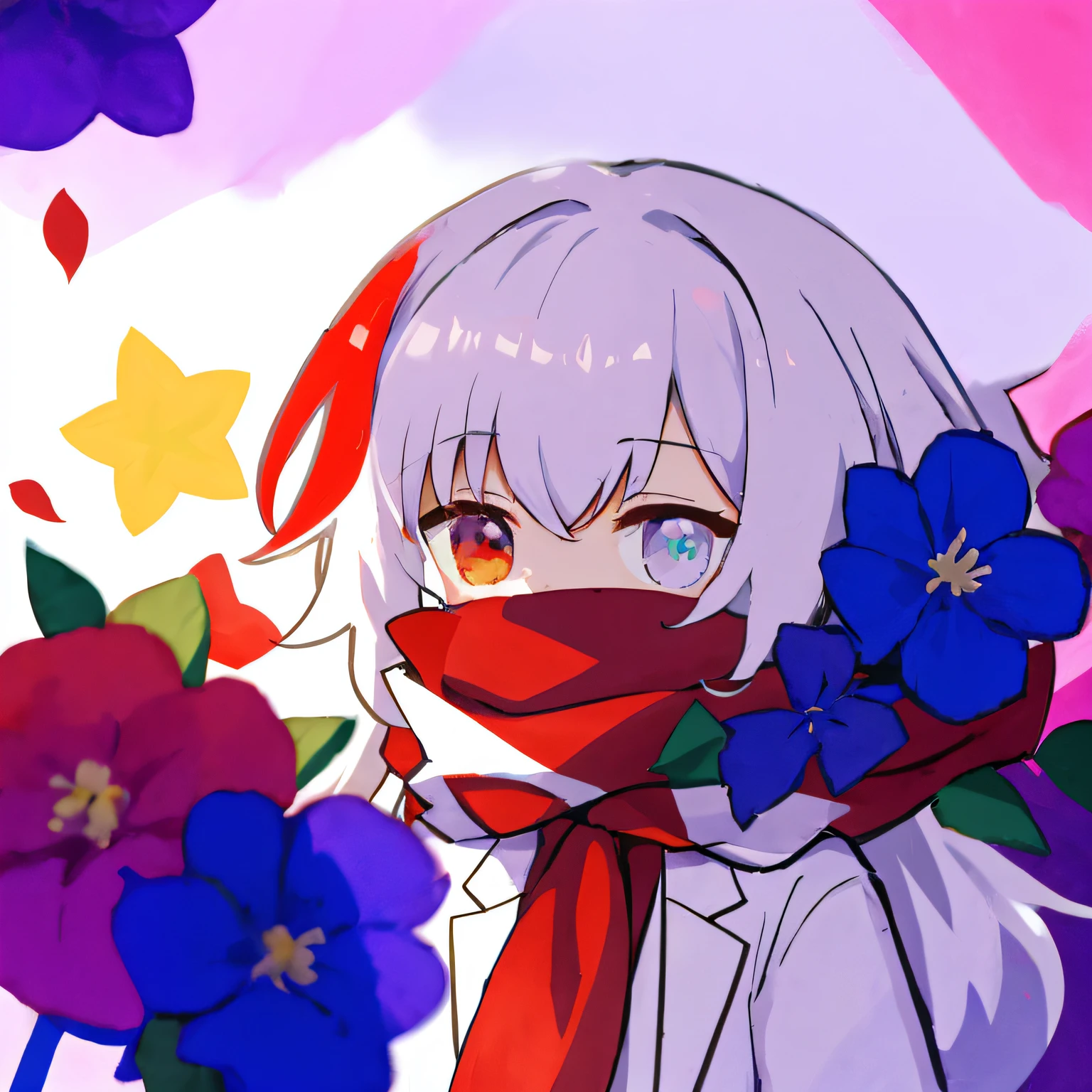Anime girl with scarf and flowers in front of her, from touhou, anime moe art style, unknown artstyle, shikamimi, zerochan art, ufotable art style, [[[[grinning evily]]]], anime art style, With flowers, by Puru, by Kamagurka, High Quality Anime Art Style, no type
