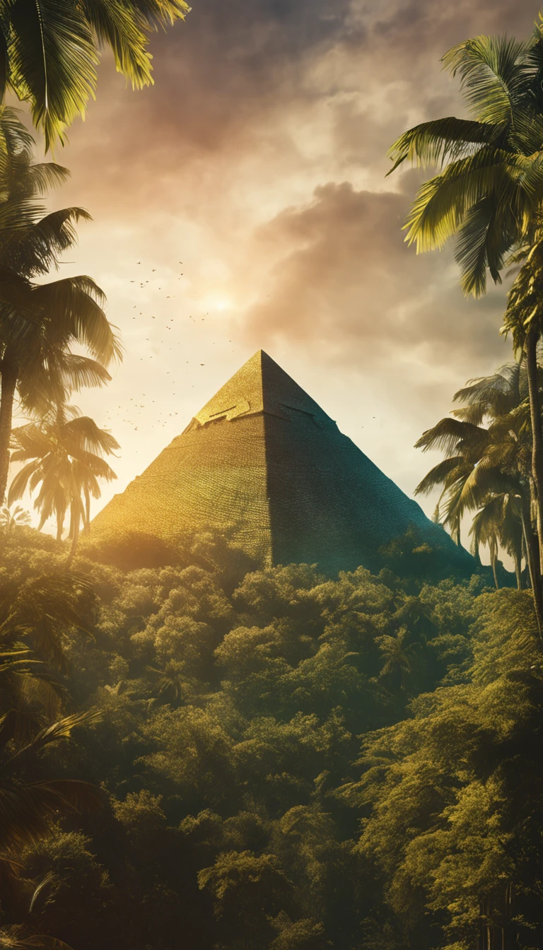 El Dourado, The lost city seen among the trees of a dense forest, a large pyramid of gold seen from afar among the trees of a closed forest shining with sunlight, fotografia realista.