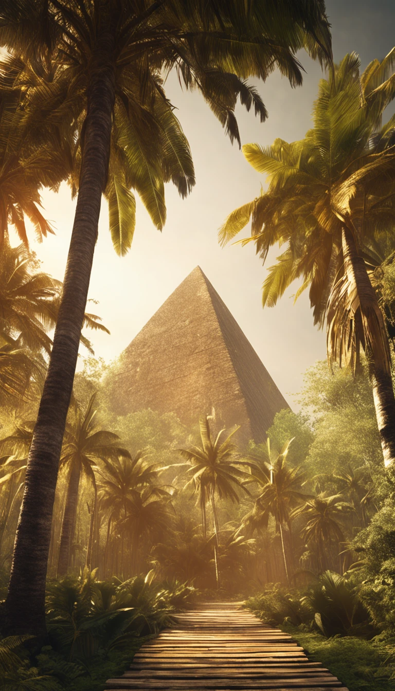 El Dourado, The lost city seen among the trees of a dense forest, a large pyramid of gold seen from afar among the trees of a closed forest shining with sunlight, fotografia realista.