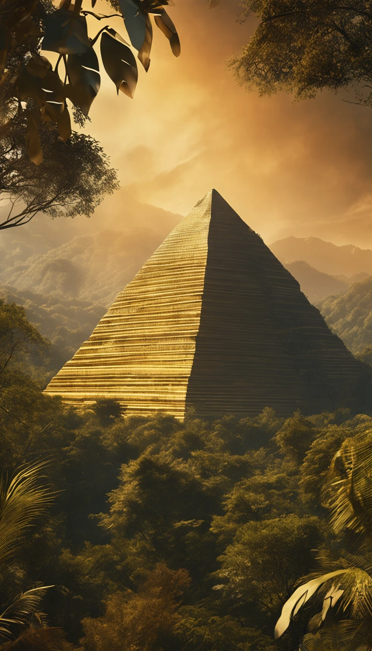 El Dourado, The lost city seen among the trees of a dense forest, a large pyramid of gold seen from afar among the trees of a closed forest shining with sunlight, fotografia realista.