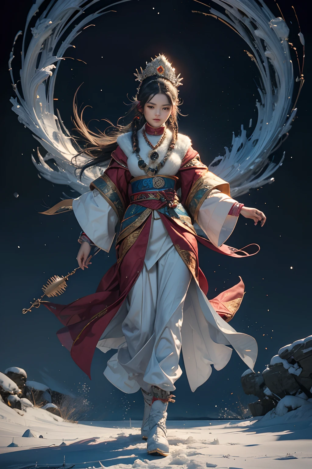 (best qualtiy,tmasterpiece:1.2),超高分辨率,realisticlying,Front lighting,Complicated details,Exquisitedetailsandtextures,(1girll),独奏,standing on your feet,The upper part of the body,a beauty girl,Tibetan clothing,Colorful costumes, Fleece collar, Padded collar,High-end Tibetan clothing,Cumbersome Tibetan costume design,Warm clothing,Winter clothing,Appearance Yang Chaoran,Rounded face shape,Gorgeous Tibetan costumes,Cumbersome Tibetan necklace,Cumbersome Tibetan headdress,Colored headband,Live-action CG,Sweet style,Film wind,high definition 4k,Photography effects,Studio effect,White glow,Mythical wind,Snowfield background,Role core,Picture ratio 16:9,The mask is fresh。