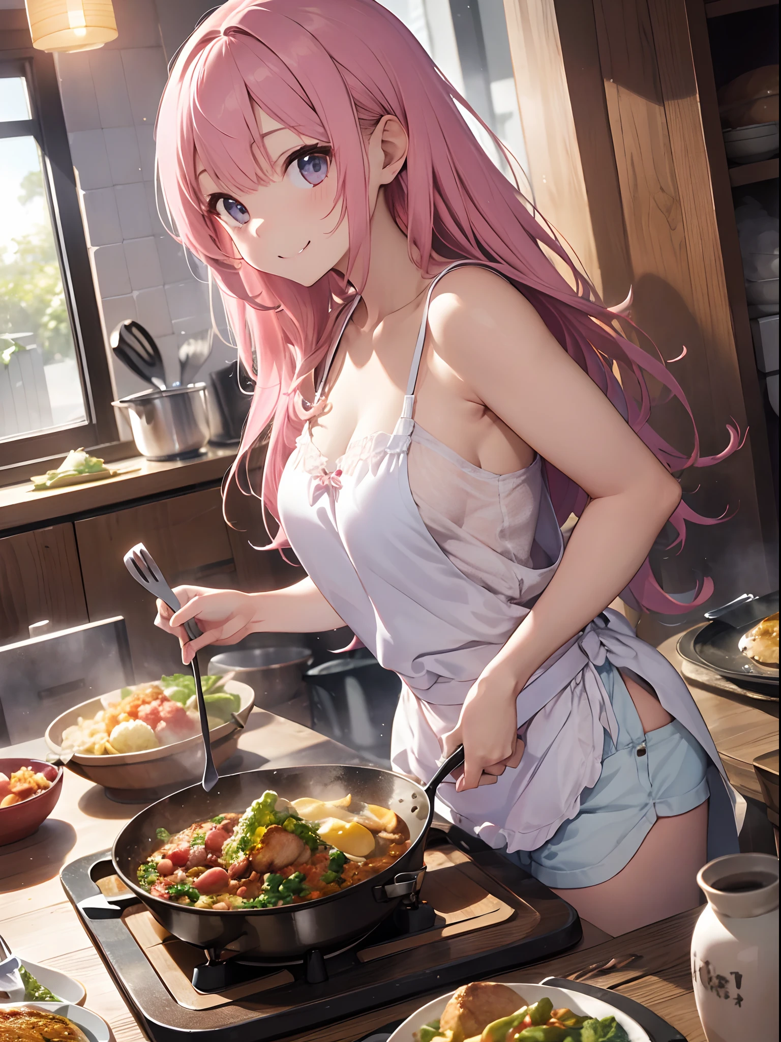 top-quality、masutepiece、8K、Pastel tones、A pink-haired、Very long hair、posterior view、Apron over camisole and shorts、The background is((kitchin:1.4)、Turned、Dynamic Styles、ssmile、Ready-to-eat dishes、In the middle of the meal