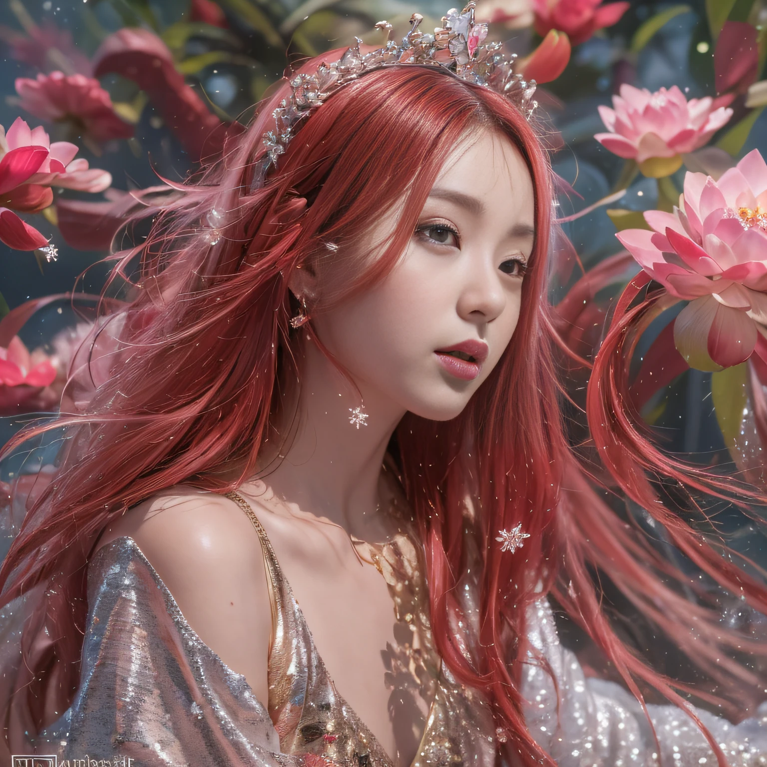 32K（tmasterpiece，k hd，hyper HD，32K）Long flowing red hair，ponds，zydink， a color，  Asian people （Silly girl）， （Silk scarf）， Combat posture， looking at the ground， long whitr hair， Floating hair， Crocodile leather tiara， Chinese long-sleeved clothing， （abstract ink splash：1.2）， Pink lotus background，Water lily flower protector（realisticlying：1.4），Red color hair，Snowflakes fluttering，The background is pure， A high resolution， the detail， RAW photogr， Sharp Re， Nikon D850 Film Stock Photo by Jefferies Lee 4 Kodak Portra 400 Camera F1.6 shots, Rich colors, ultra-realistic vivid textures, Dramatic lighting, Unreal Engine Art Station Trend, cinestir 800，Long flowing red hair