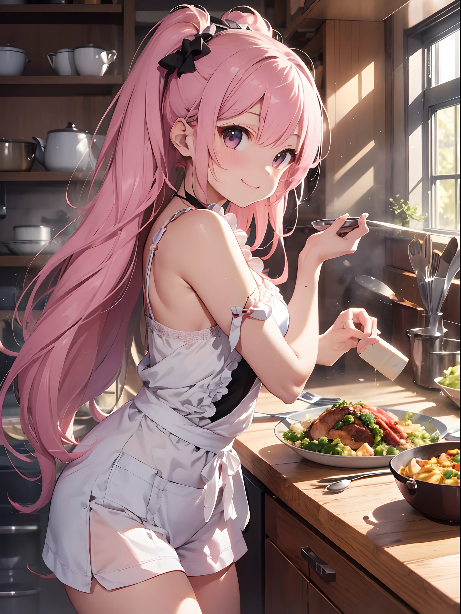 top-quality、masutepiece、8K、Pastel tones、A pink-haired、Very long hair、posterior view、Apron over camisole and shorts、The background is((kitchin:1.４)、Turned、Dynamic Styles、ssmile、Ready-to-eat dishes、In the middle of the meal