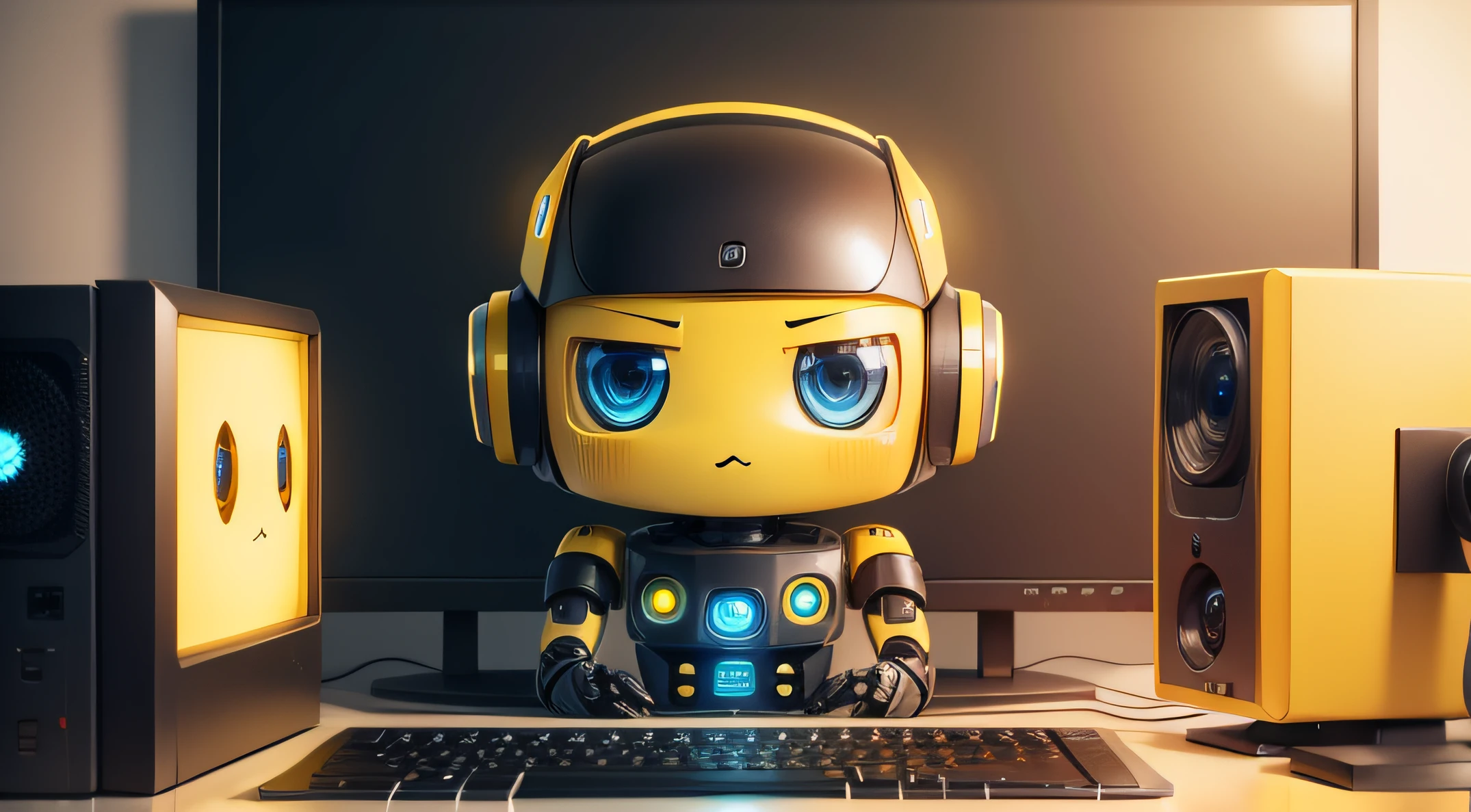 Cute robot with yellow square face looking at computer screen