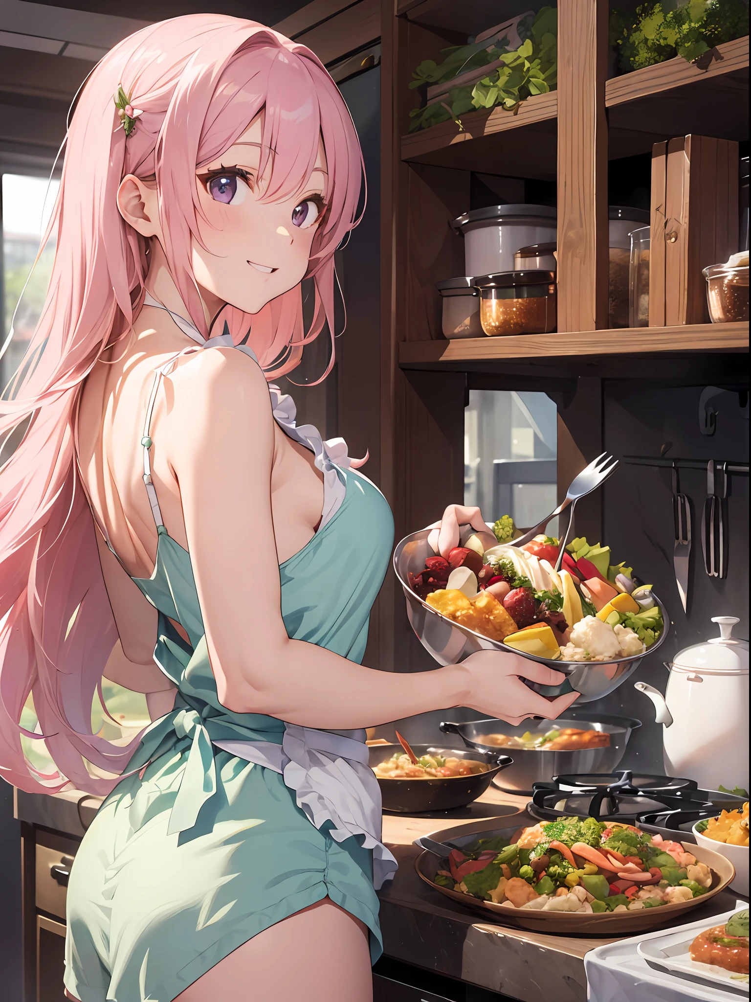 top-quality、masutepiece、8K、Pastel tones、A pink-haired、Very long hair、posterior view、Apron over camisole and shorts、The background is((kitchin:1.４)、Turned、Dynamic Styles、ssmile、Ready-to-eat dishes、In the middle of the meal