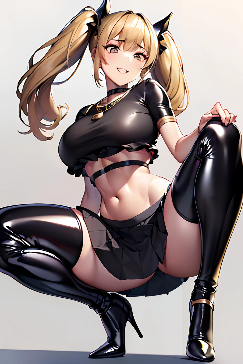 (8K, Best quality, tmasterpiece:1.2),\(eye detailed\),(\(Clothes detail details\)\),Facial emotions(Smile:1.3),Pure white background,full bodyesbian,(huge tit),(Facial focus) ,Very detailed CG unity 8K wallpaper,hugefilesize,ultra - detailed,A high resolution,absurderes,beautidful eyes,Ray traching,dramatic shadow,finely detailled,Dramatic angles,Hyper-detailing,(1 girl:1.3),(Solo),Mature female,Blonde hair,Twin tail hairstyle,Wearing((Latex skinny shirt(Crop tops),black ruffle skirt,golden necklace,High heels),The looming navel