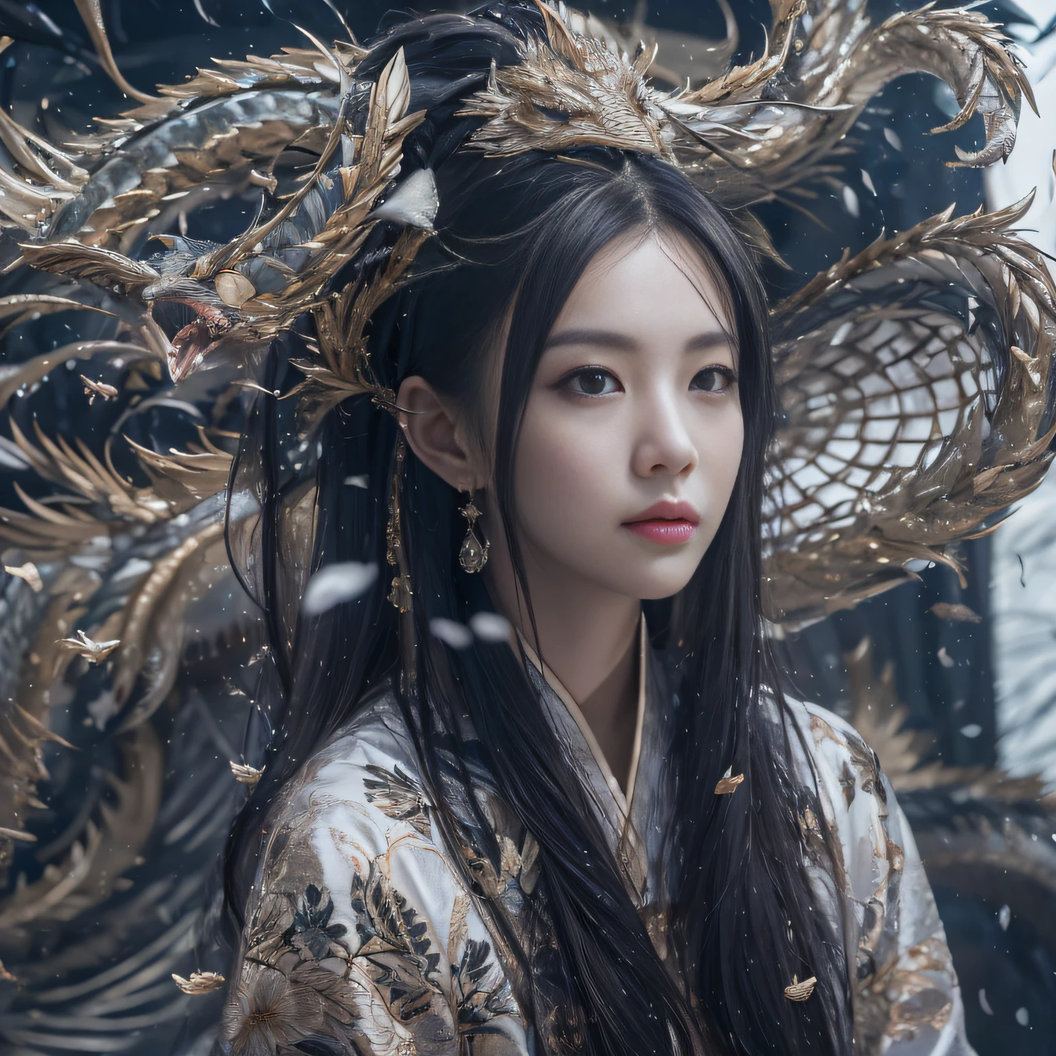 32K(tmasterpiece,k hd,hyper HD,32K)Long flowing black hair,ponds,zydink, a color, Asian people (Silly girl), (Silk scarf), Combat posture, looking at the ground, long whitr hair, Floating hair, Dragon pattern headdress, Chinese long-sleeved clothing, (abstract ink splash:1.2), white backgrounid,Lotus flowers flying(realisticlying:1.4),Black color hair,Snowflakes fluttering,The background is pure, A high resolution, the detail, RAW photogr, Sharp Re, Nikon D850 Film Stock Photo by Jefferies Lee 4 Kodak Portra 400 Camera F1.6 shots, Rich colors, ultra-realistic vivid textures, Dramatic lighting, Unreal Engine Art Station Trend, cinestir 800,Long flowing black hair