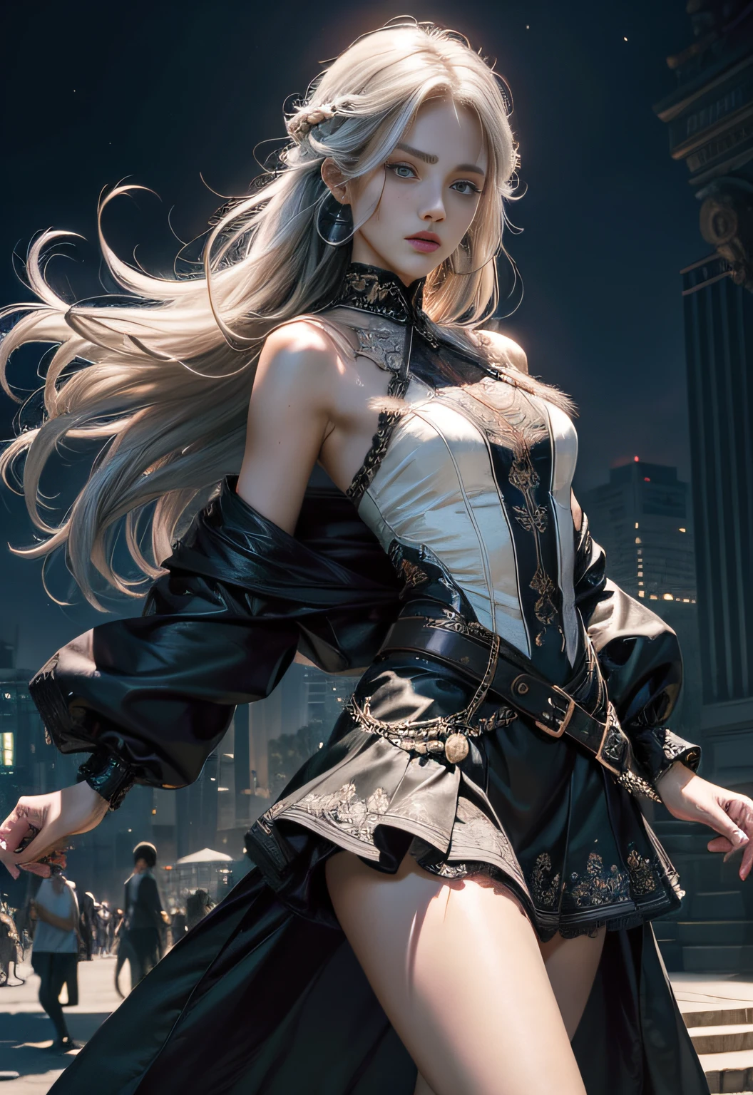 Hold the skirt with your hands、squall、External、(Ultra photo realsisim), (A illustration), (A high resolution), (8K), (The is very detailed), (The best illustration), (Beautiful detailed eyes), (The highest quality), (Super detailed), (masuterpiece、), (Detailed face), Solo、、、1 rapariga, Noble dress、White hair, Iris heterochromatic eyes, small moles under eye, Medium chest, Long legs、Stunning composition、Braids、Beautiful and delicate legs
