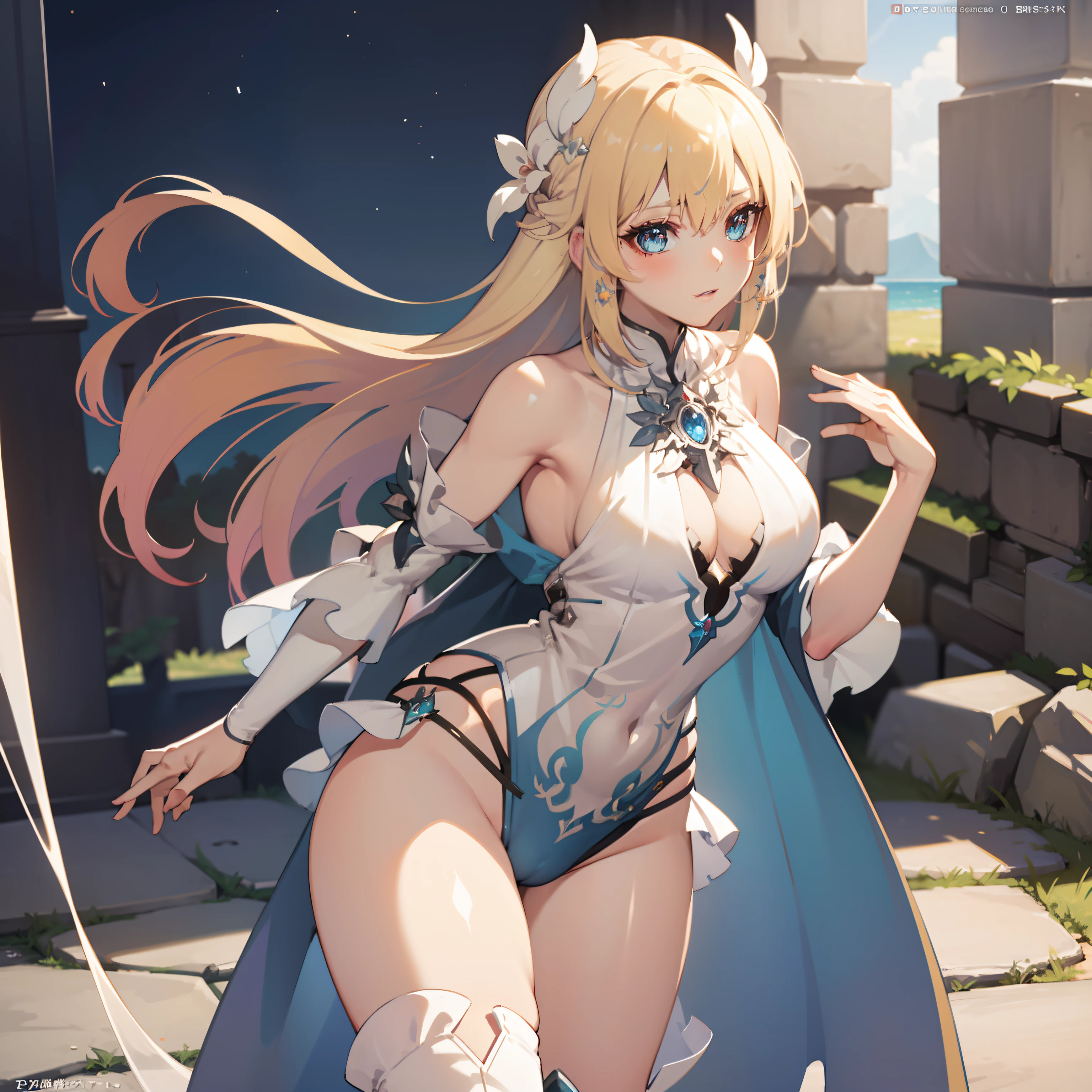 masterpiece, best quality, a naked woman in a blue cape is standing, cushart krenz key art feminine, anime goddess, pixiv, pretty female cleric, digital art on pixiv, pixiv style, wlop rossdraws, alphonse mucha and rossdraws, guweiz, top rated on pixiv, rossdraws sakimimichan, crown, ((transparent clothing))), halo, ((female genitalia))), ((pubic area showing))), clothes with visible tips of the breasts, suor, seios salientes das roupas, roupas com barriga pura, sob os seios, constrangedor, blush, show off, decote, crotch shows through, areola see-through, open pubic area, aberta, Pubic area visible