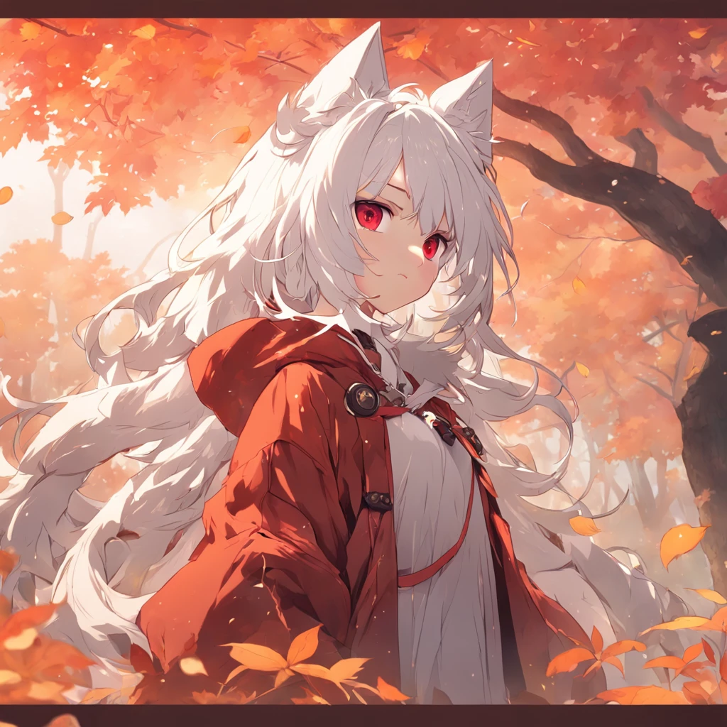 shiny white hair、Neutral face、Red eyes、Rich in color、Beautie、Wearing a white hood、well-styled、小柄、Super beautiful、high-level image quality、4K、8K、Round ears like tanuki are visible、In the wilderness、autumnal、Colored leaves、Full body like、Being under a tree with autumn leaves、The whole body is shown、Beautiful legs、Wearing zori shoes