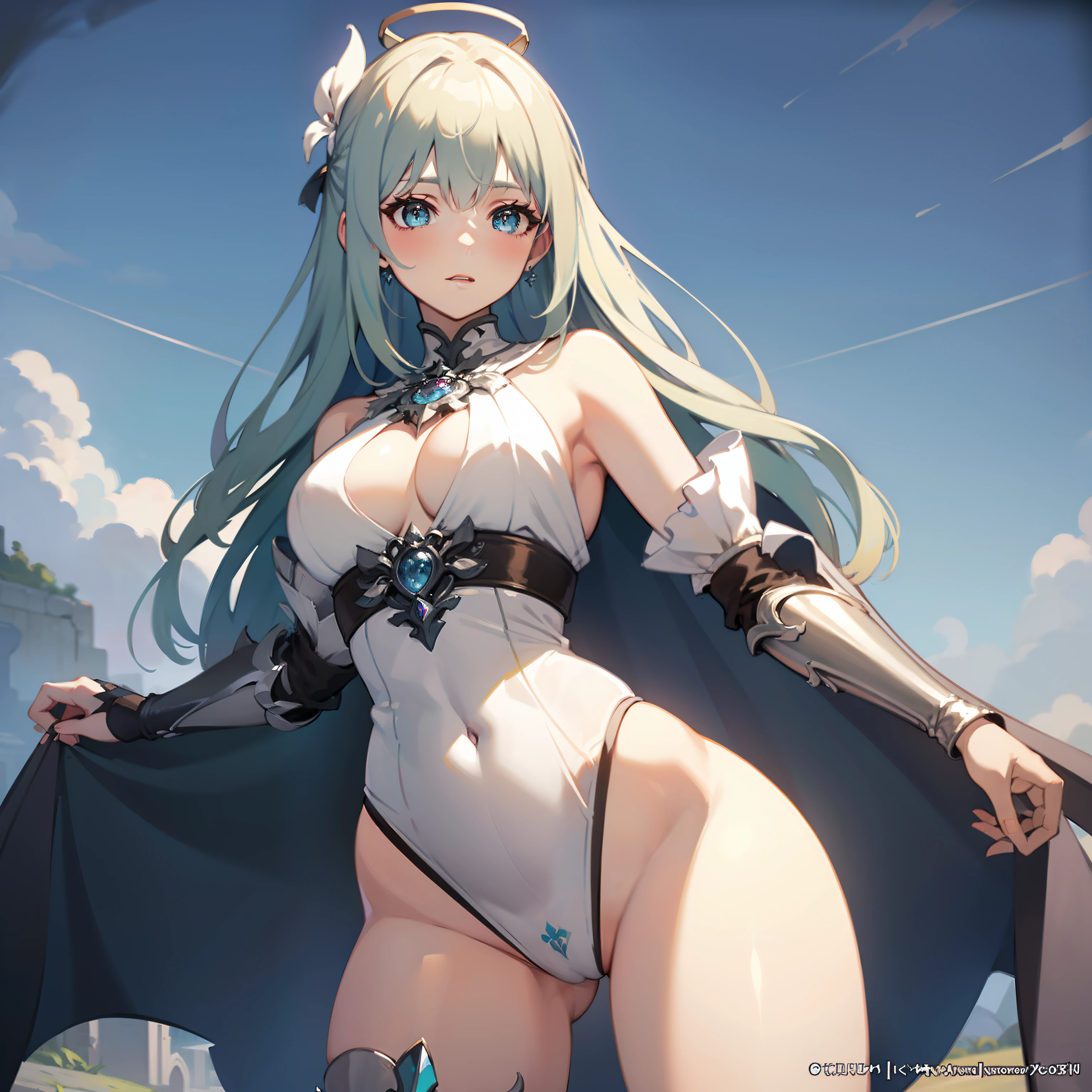 masterpiece, best quality, a naked woman in a blue cape is standing, cushart krenz key art feminine, anime goddess, pixiv, pretty female cleric, digital art on pixiv, pixiv style, wlop rossdraws, alphonse mucha and rossdraws, guweiz, top rated on pixiv, rossdraws sakimimichan, crown, ((transparent clothing))), halo, ((female genitalia))), ((pubic area showing))), clothes with visible tips of the breasts, suor, seios salientes das roupas, roupas com barriga pura, sob os seios, constrangedor, blush, show off, decote, crotch shows through, areola see-through, open pubic area, aberta, Pubic area visible