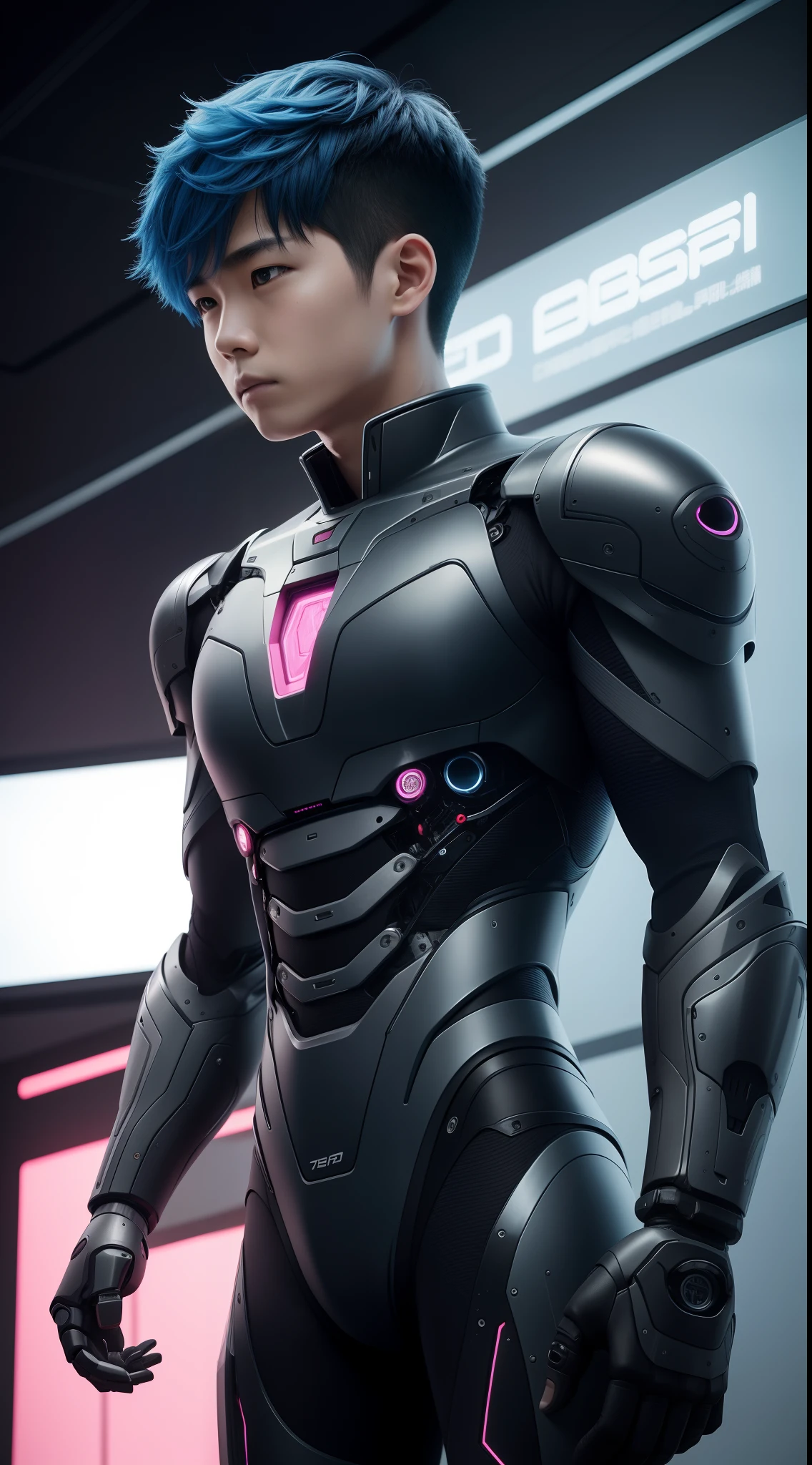 1 boy,(32K,RAW photos:1.2,best qualtiy:1.4,超高分辨率:1.2,tmasterpiece:1.0),(cyber punk perssonage:1.0),(Biopunk:1.3),(Boy robot:21.5),((Body parts:Robot parts:1.8)),(Japanese boy cyborg),(Wearing cyborg armor:1.5),Black and pink robot parts,Machinary,The head is human, Take advantage of boys' physical characteristics,Cables on the fuselage,((full bodyesbian)),(short detailed hair:1.5),(hair straight),(Blue hair),