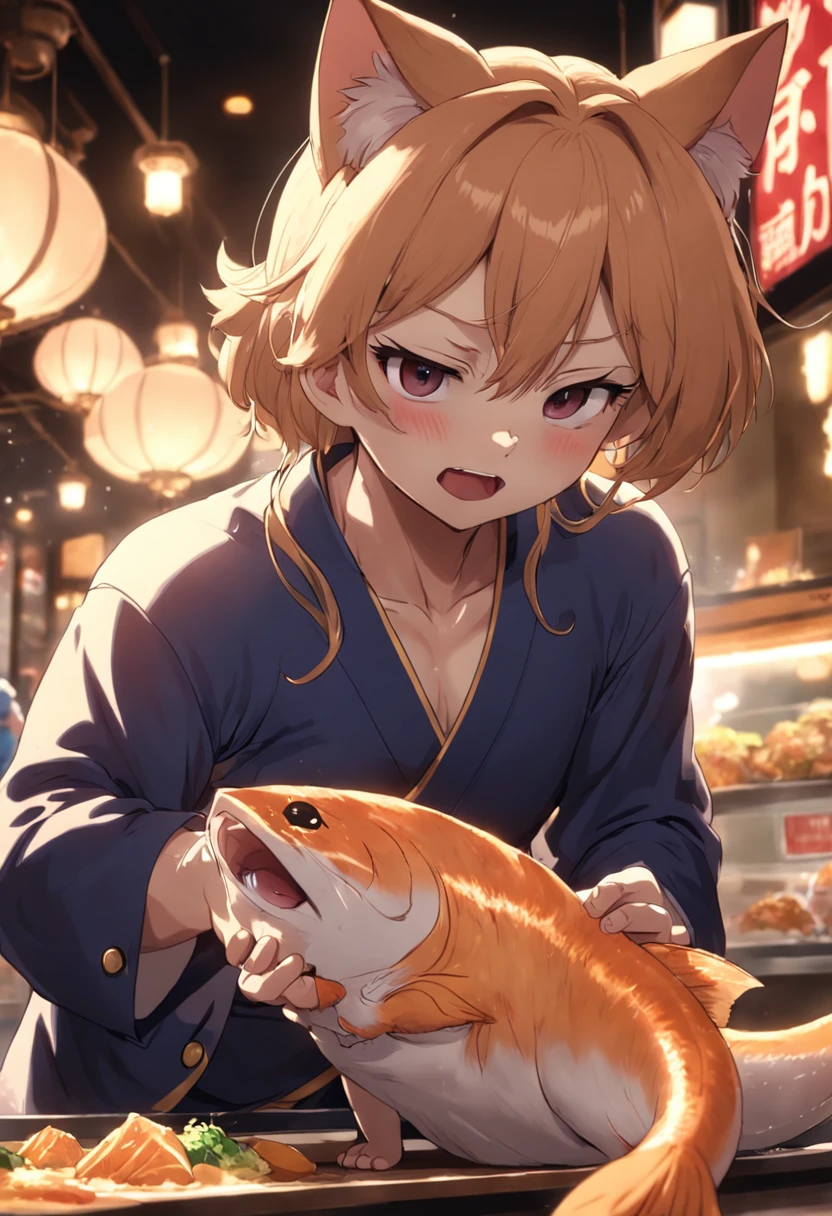 [(((Buffswoledoge)))):Buffswoledoge:8]Professional Photos、show the grinps、Cat body、Eat big fish at a restaurant、Cinematic dramatic light、Smooth transition、bokeh dof