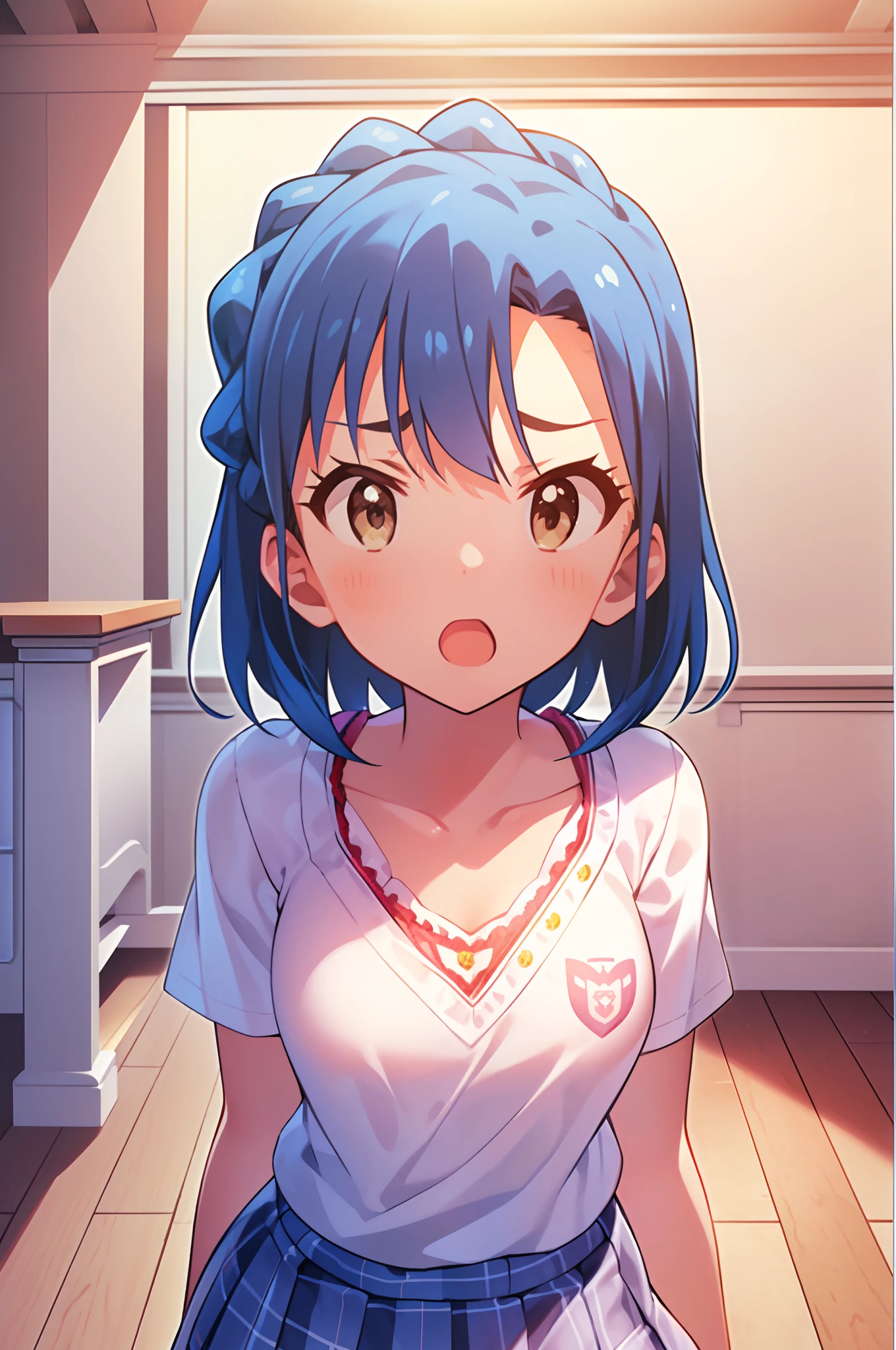 yuriko nanao (million live). Short stature. (((white t-shirts))).(((Skirt))).(((masterpiece))).(((best quality))).((Ultra-detailed))).(((illustratio))).(((a room))).(((up chest))).((Surprised face)).((short-hair)).((big breasts)).((Opening Mouth)).Open your eyes.