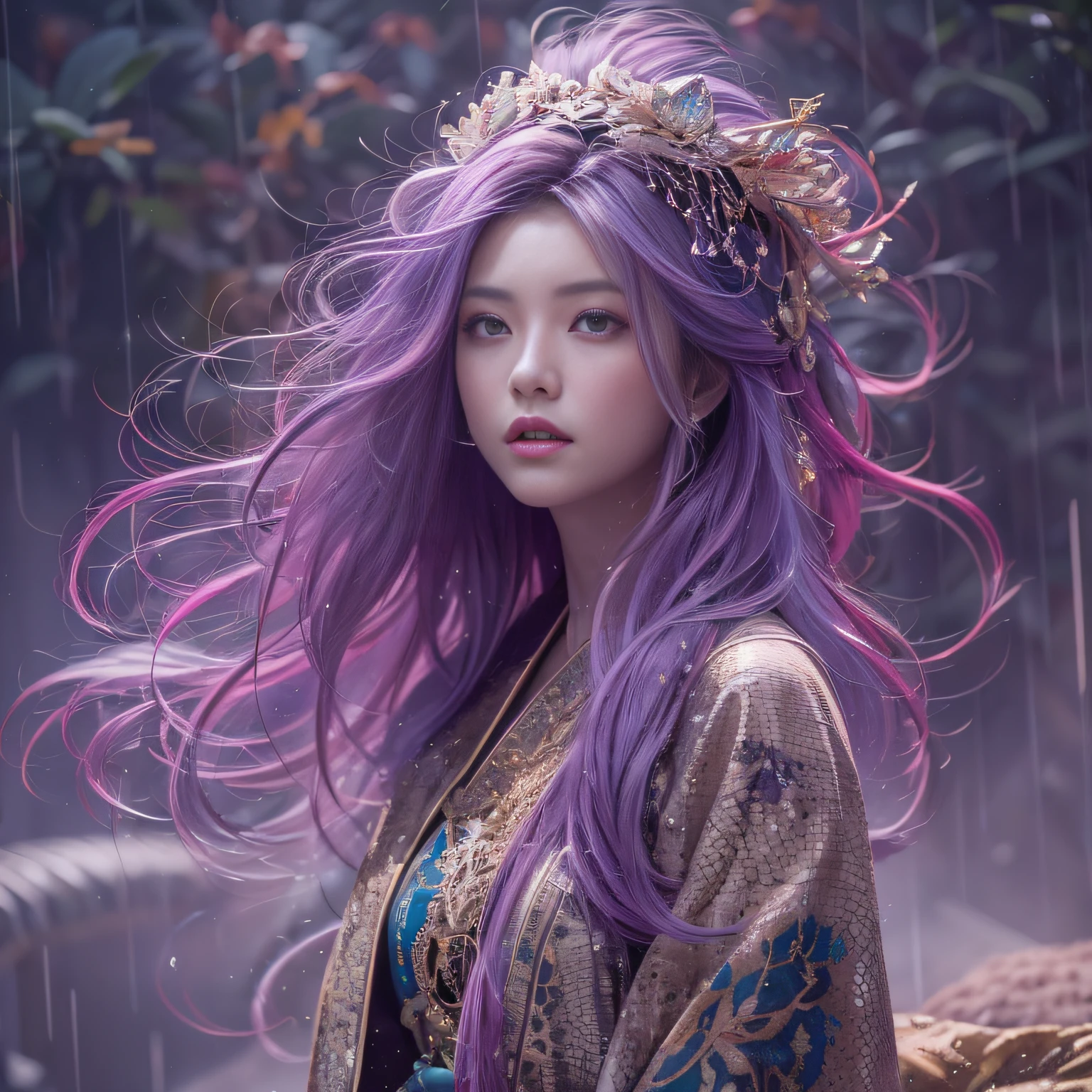 32K(tmasterpiece,k hd,hyper HD,32K)Long flowing purple-pink hair,Autumn pond,zydink, a color, Asian people (Silly girl), (Silk scarf), Combat posture, looking at the ground, long whitr hair, Floating hair, Python headdress, Chinese long-sleeved clothing, (abstract ink splash:1.2), white backgrounid,Lotus protector(realisticlying:1.4),Purple-pink color hair,Smoke and rain,The background is pure, A high resolution, the detail, RAW photogr, Sharp Re, Nikon D850 Film Stock Photo by Jefferies Lee 4 Kodak Portra 400 Camera F1.6 shots, Rich colors, ultra-realistic vivid textures, Dramatic lighting, Unreal Engine Art Station Trend, cinestir 800,Long flowing purple pink hair