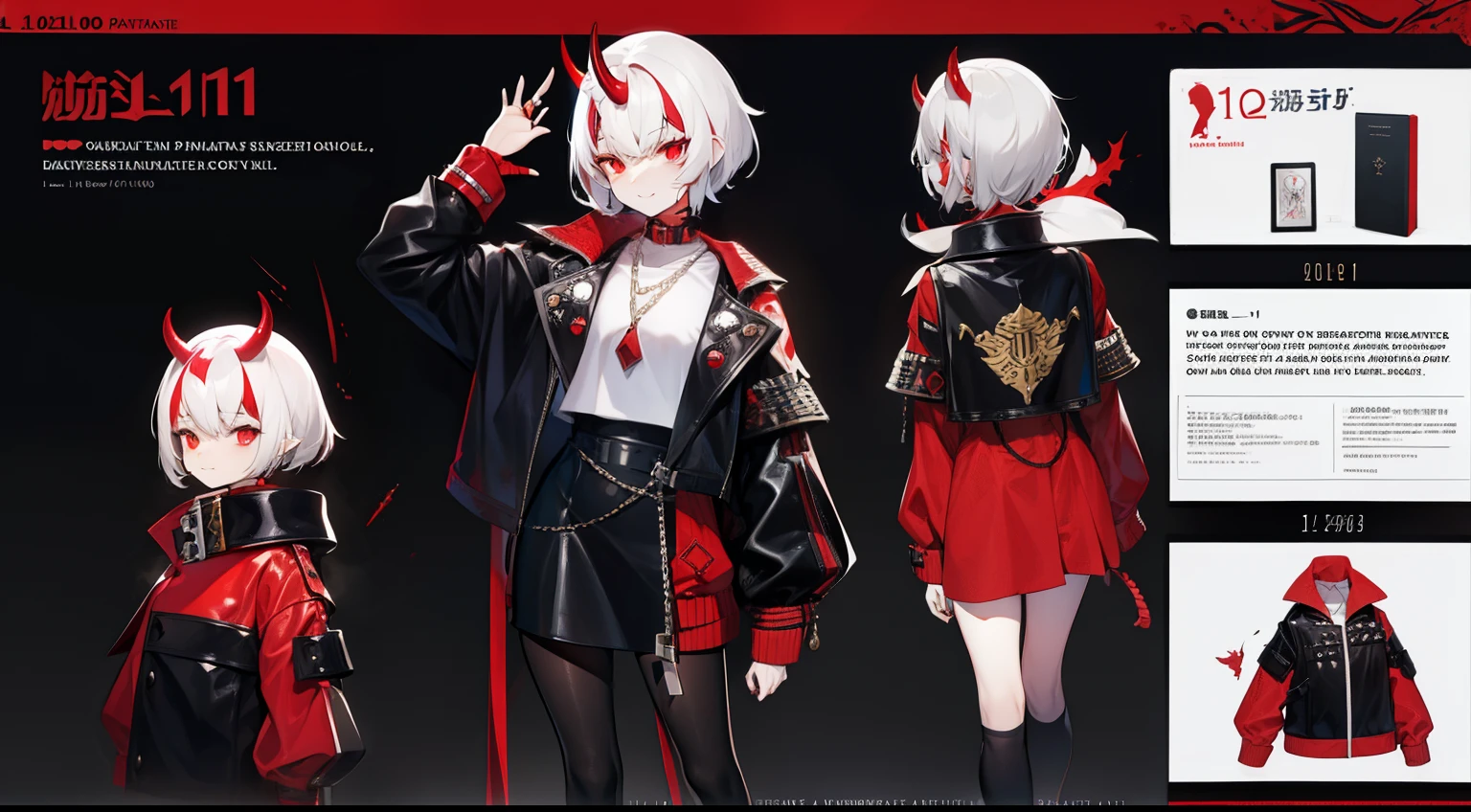 tmasterpiece，Need，1 Female demon，A high resolution，bleeding from the corners of her mouth，hoang lap，Fang，tiny horns，Collar，large chain，Black all over，Oversized punk leather jacket，（ultradetailed：1.1025），（illustratio：1.1025），（infography：1.1025），Patent drawings，Physical measurement，（All clothing requirements：1.1025），papelaria， （独奏：1.1025），standing on your feet，Have a cohesive background，5 fingers in the hand，fittings：Red rope chain，character sheets，black in color, blanche, Red tones