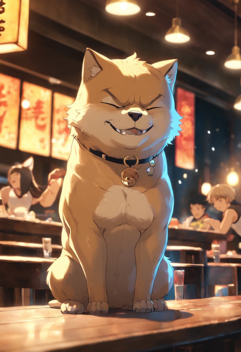 [(((Buffswoledoge)))):Buffswoledoge:8]Professional Photos、show the grinps、Cat body、Eat big fish at a restaurant、Cinematic dramatic light、Smooth transition、bokeh dof
