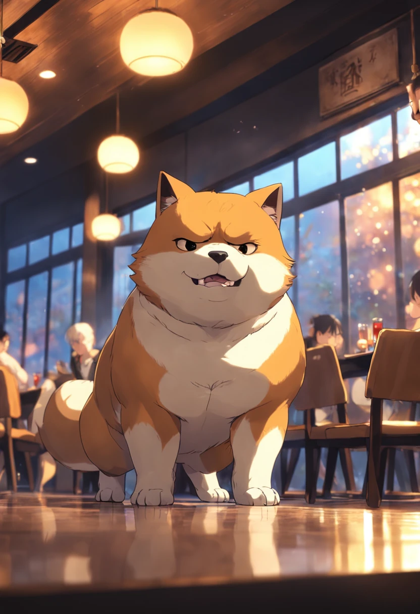[(((Buffswoledoge)))):Buffswoledoge:8]Professional Photos、show the grinps、Cat body、Eat big fish at a restaurant、Cinematic dramatic light、Smooth transition、bokeh dof
