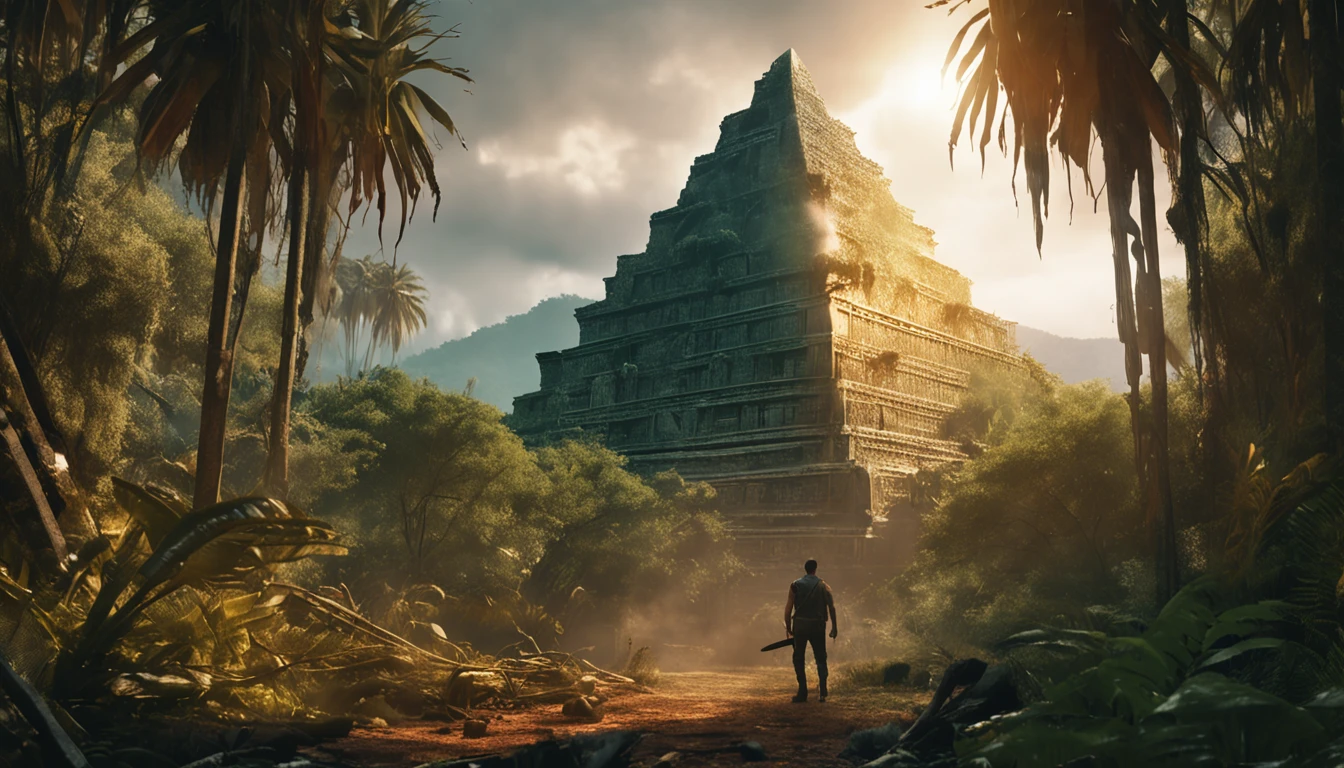El Dourado, The lost city seen among the trees of a dense forest, a large pyramid of gold seen from afar among the trees of a closed forest shining with sunlight, fotografia realista, A man with a machete watches the city and continues cutting through the woods for the lost city.