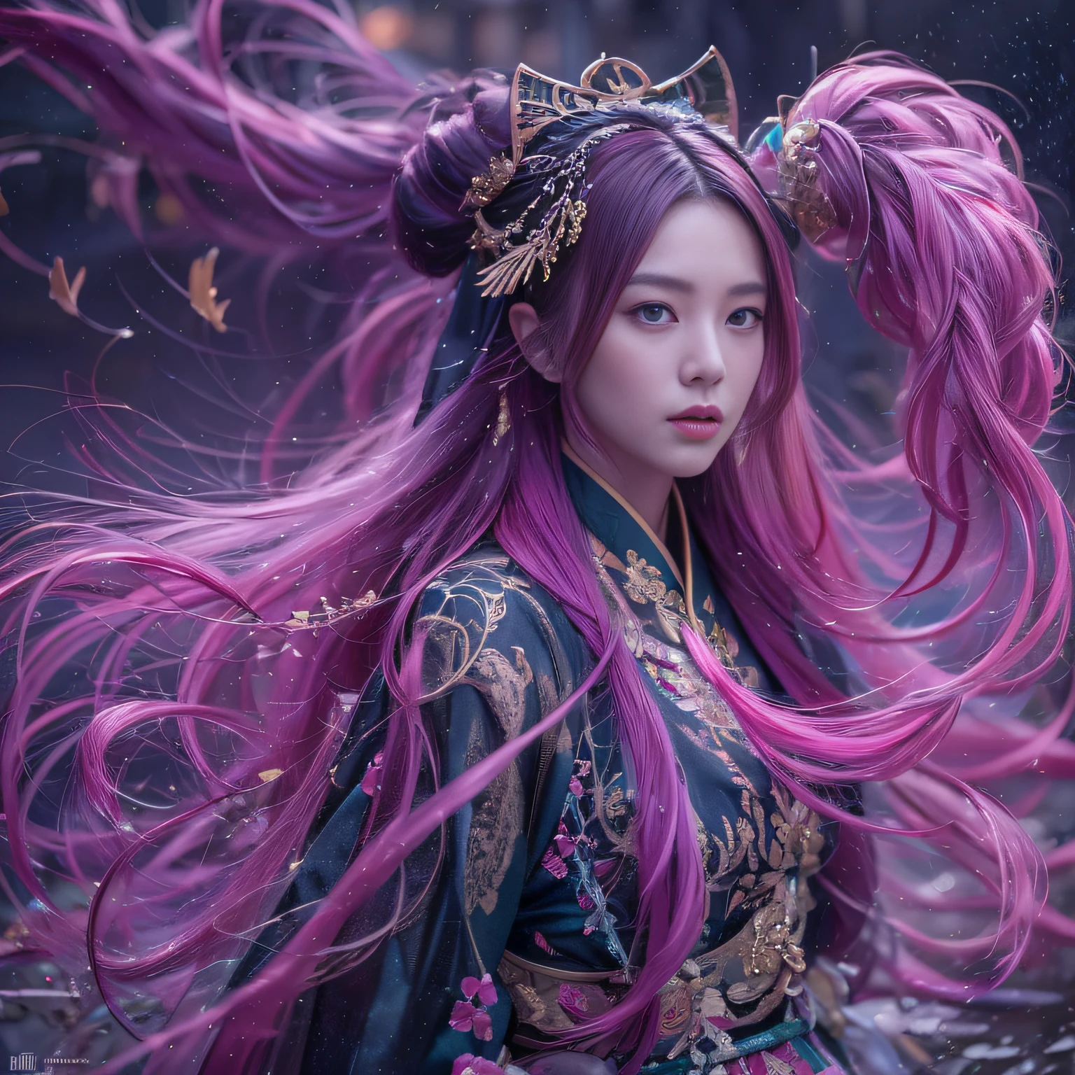 32K(tmasterpiece,k hd,hyper HD,32K)Long flowing purple-pink hair,Autumn pond,zydink, a color, Asian people (Silly girl), (Silk scarf), Combat posture, looking at the ground, long whitr hair, Floating hair, Python headdress, Chinese long-sleeved clothing, (abstract ink splash:1.2), white backgrounid,Lotus protector(realisticlying:1.4),Purple-pink color hair,Smoke and rain,The background is pure, A high resolution, the detail, RAW photogr, Sharp Re, Nikon D850 Film Stock Photo by Jefferies Lee 4 Kodak Portra 400 Camera F1.6 shots, Rich colors, ultra-realistic vivid textures, Dramatic lighting, Unreal Engine Art Station Trend, cinestir 800,Long flowing purple pink hair