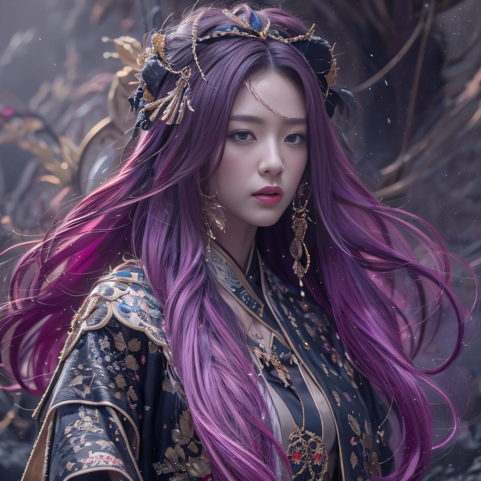 32K（tmasterpiece，k hd，hyper HD，32K）Long flowing purple-pink hair，Autumn pond，zydink， a color，  Asian people （Silly girl）， （Silk scarf）， Combat posture， looking at the ground， long whitr hair， Floating hair， Python headdress， Chinese long-sleeved clothing， （abstract ink splash：1.2）， white backgrounid，Lotus protector（realisticlying：1.4），Purple-pink color hair，Smoke and rain，The background is pure， A high resolution， the detail， RAW photogr， Sharp Re， Nikon D850 Film Stock Photo by Jefferies Lee 4 Kodak Portra 400 Camera F1.6 shots, Rich colors, ultra-realistic vivid textures, Dramatic lighting, Unreal Engine Art Station Trend, cinestir 800，Long flowing purple pink hair