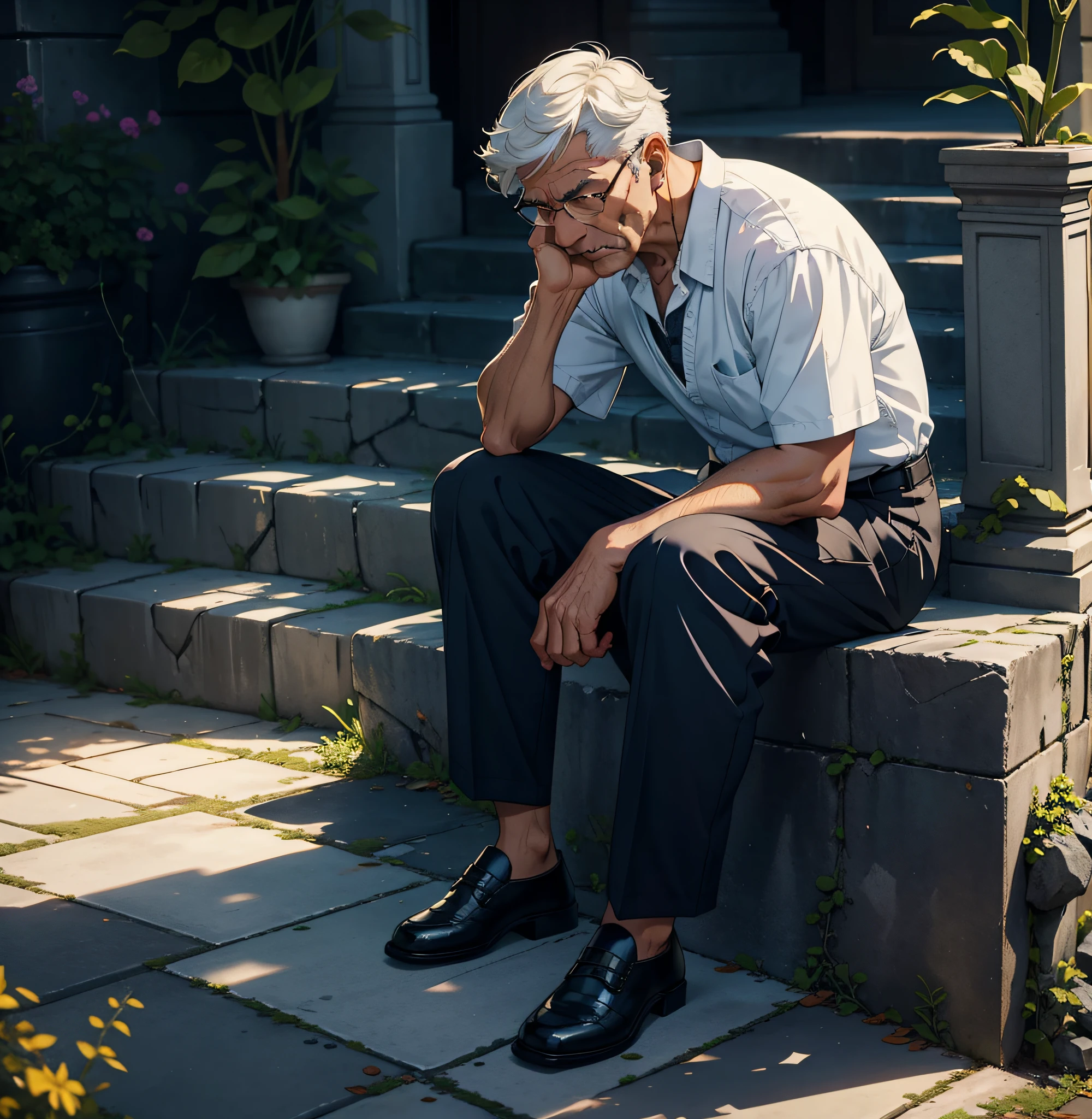 An older man with short hair，Sit on the stone steps，crestfallen，Best quality, 4K, A masterpiece