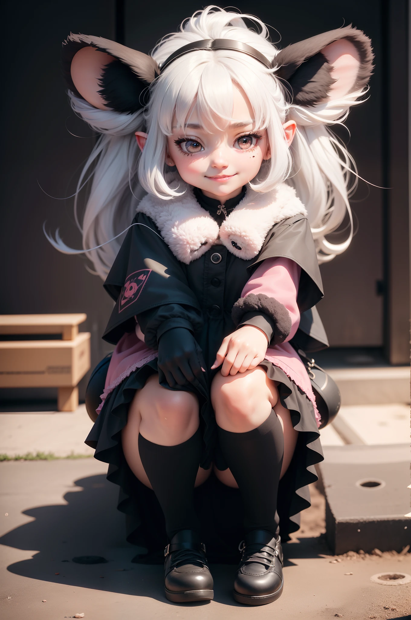 Cute black fur of mouse females, hair bobbles, wince, long eyelasher, solid circle eyes, beast ear, Light smile, Ear blush, Fang, Light smile, Moles under eyes, Silver hair, Colored inner hair, surrealism, shadowing, anaglyph, stereograms, tachi-e, angle of view, Atmospheric perspective, 8K, Super detail, ccurate, The best quality cheese in hand, wearing pink board shoes, wearing a skirt with five fingers, white stockings