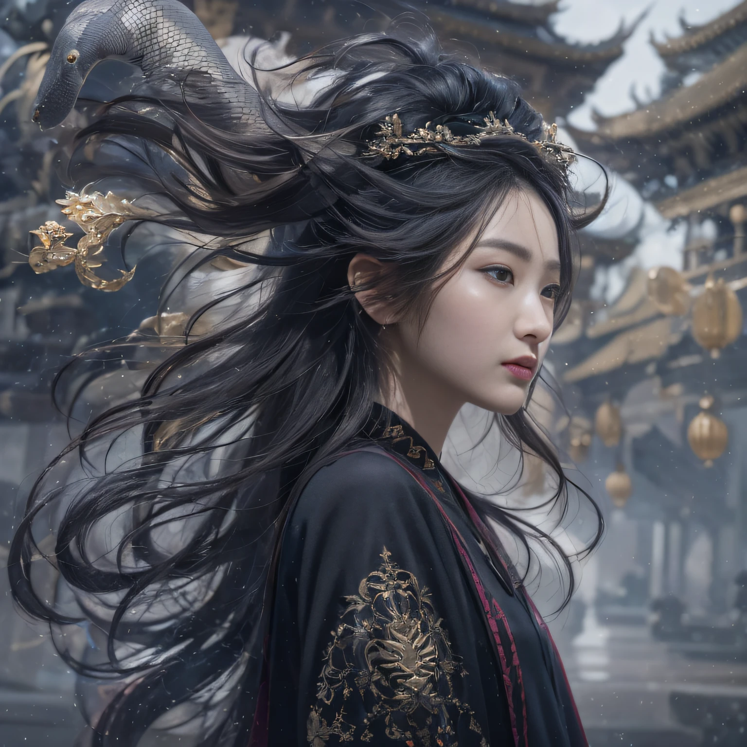 32K(tmasterpiece,k hd,hyper HD,32K)Long flowing black hair,ponds,zydink, a color, Asian people (Silly girl), (Silk scarf), Combat posture, looking at the ground, long whitr hair, Floating hair, Python headdress, Chinese long-sleeved clothing, (abstract ink splash:1.2), white backgrounid,Lotus Protector(realisticlying:1.4),Black color hair,Snowflakes fluttering,The background is pure, A high resolution, the detail, RAW photogr, Sharp Re, Nikon D850 Film Stock Photo by Jefferies Lee 4 Kodak Portra 400 Camera F1.6 shots, Rich colors, ultra-realistic vivid textures, Dramatic lighting, Unreal Engine Art Station Trend, cinestir 800,Long flowing black hair