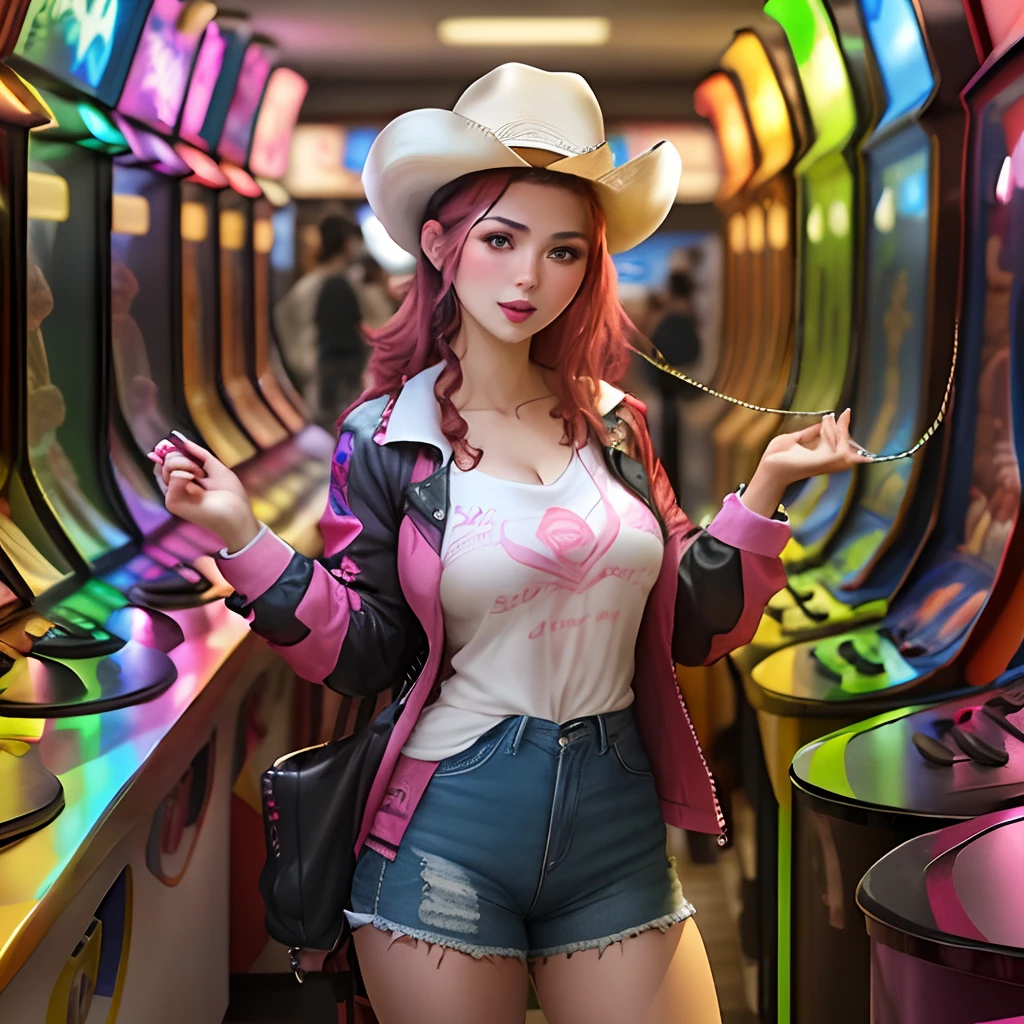 Woman, (Seios naturais, clivagem), (Capuz aberto rosa), Standing, (na empresa Arcade Game Center), (cowboy shot)