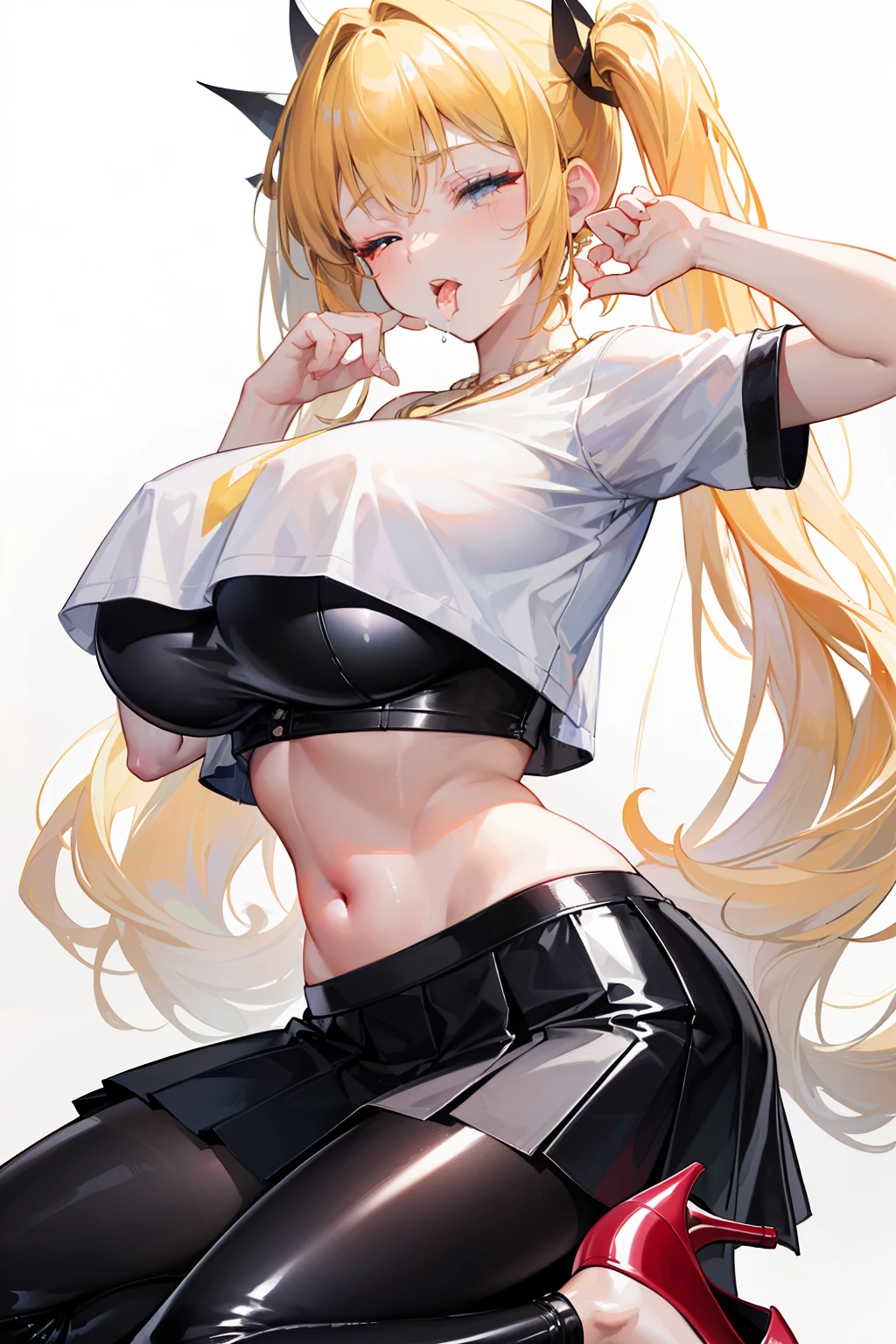 (8K, Best quality, tmasterpiece:1.2),\(eye detailed\),(\(Clothes detail details\)\),Facial emotions(one eye closed,licking:1.3),Pure white background,full bodyesbian,(huge tit),(Facial focus) ,Very detailed CG unity 8K wallpaper,hugefilesize,ultra - detailed,A high resolution,absurderes,beautidful eyes,Ray traching,dramatic shadow,finely detailled,Dramatic angles,Hyper-detailing,(1 girl:1.3),(Solo),Mature female,Blonde hair,Twin tail hairstyle,Wearing((Latex skinny shirt(Crop tops),black ruffle skirt,golden necklace,High heels),The looming navel,
