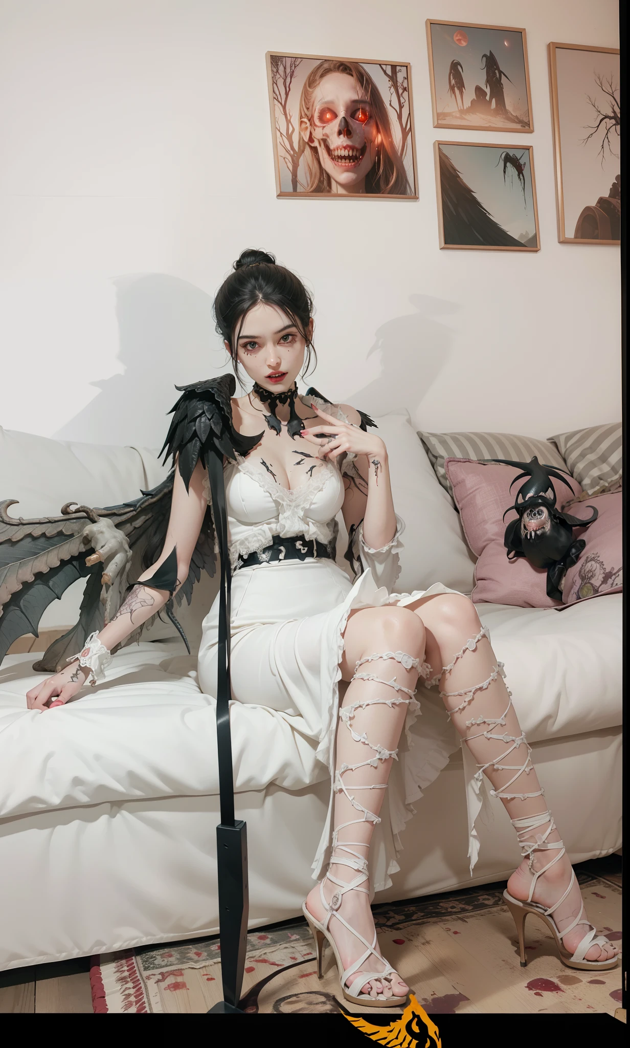 Fine matte paint,Skeleton Dark Angel, Haunted castle with large wings, Fill the drawing table with a knife,terroral,uncanny,horrid,secret terror,tentaculata,grape trees,The eye,uncanny valley effect teeth,all fours,Critters,Blood Moon,Sharp fangs,vampire tooth,Blood