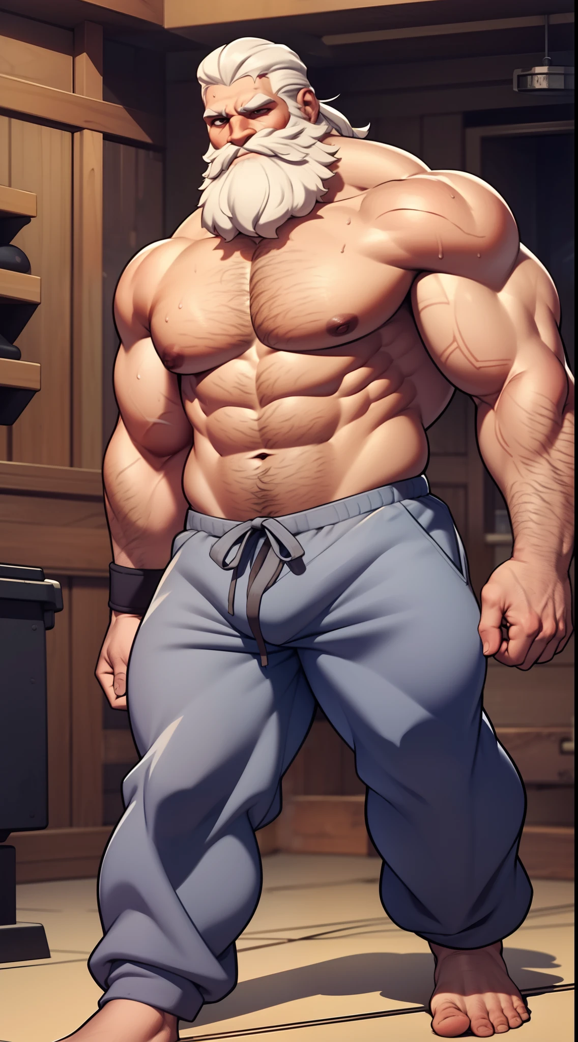 Fullbody of bearded shirtless topless old muscular man punching bag, strong chest, strong arms, large muscles, white hair, white beard, muscular, thick abs, pectorals, thick stomach, navel, large pectorals, thick wrists, big body, heavy muscular, tall body, grey training pants, sweating