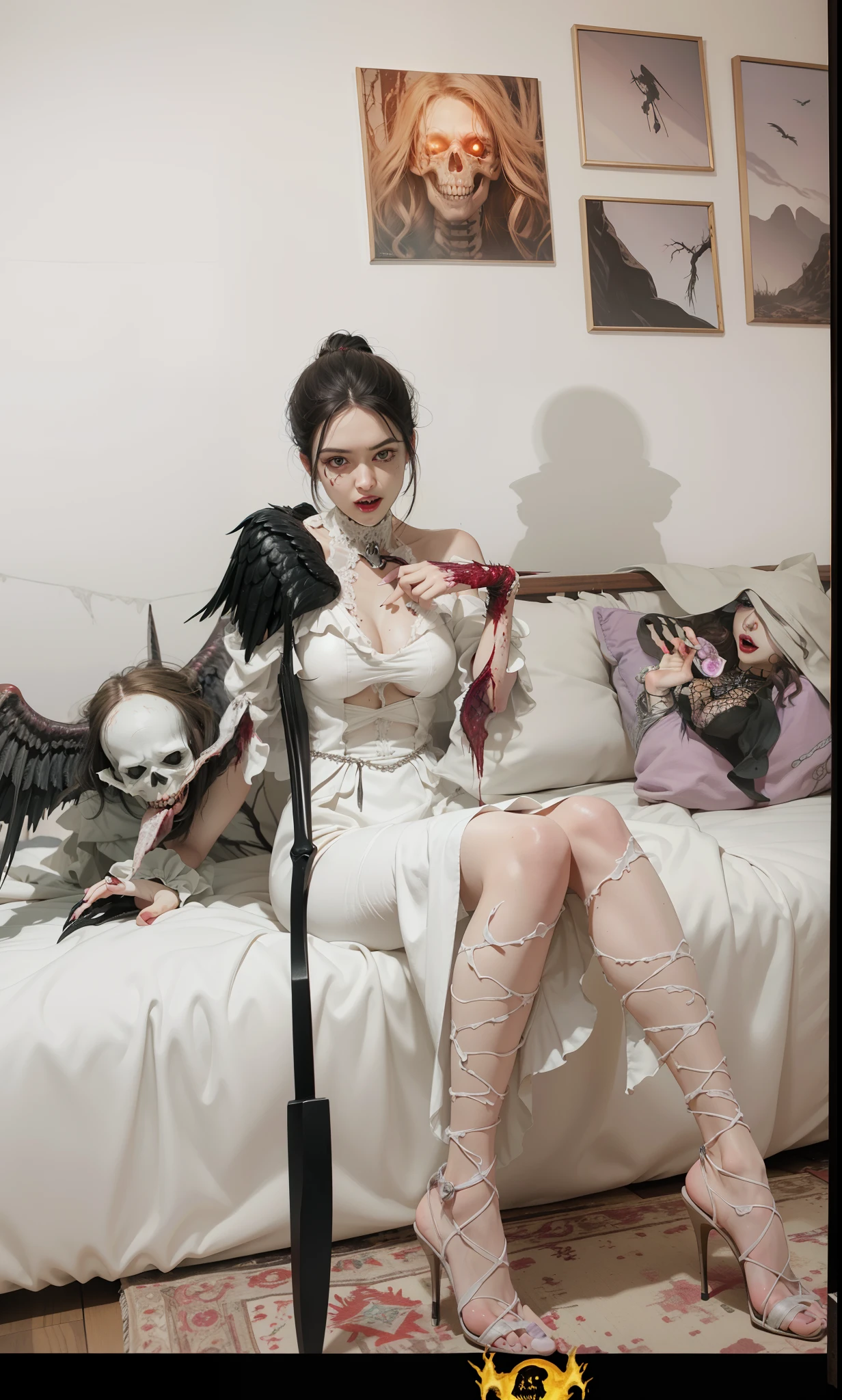 Fine matte paint，Skeleton Dark Angel, Haunted castle with large wings, Fill the drawing table with a knife，terroral，uncanny，horrid，secret terror，tentaculata，grape trees，The eye，uncanny valley effect teeth，all  fours，Critters，Blood Moon，Sharp fangs，vampire tooth，Blood