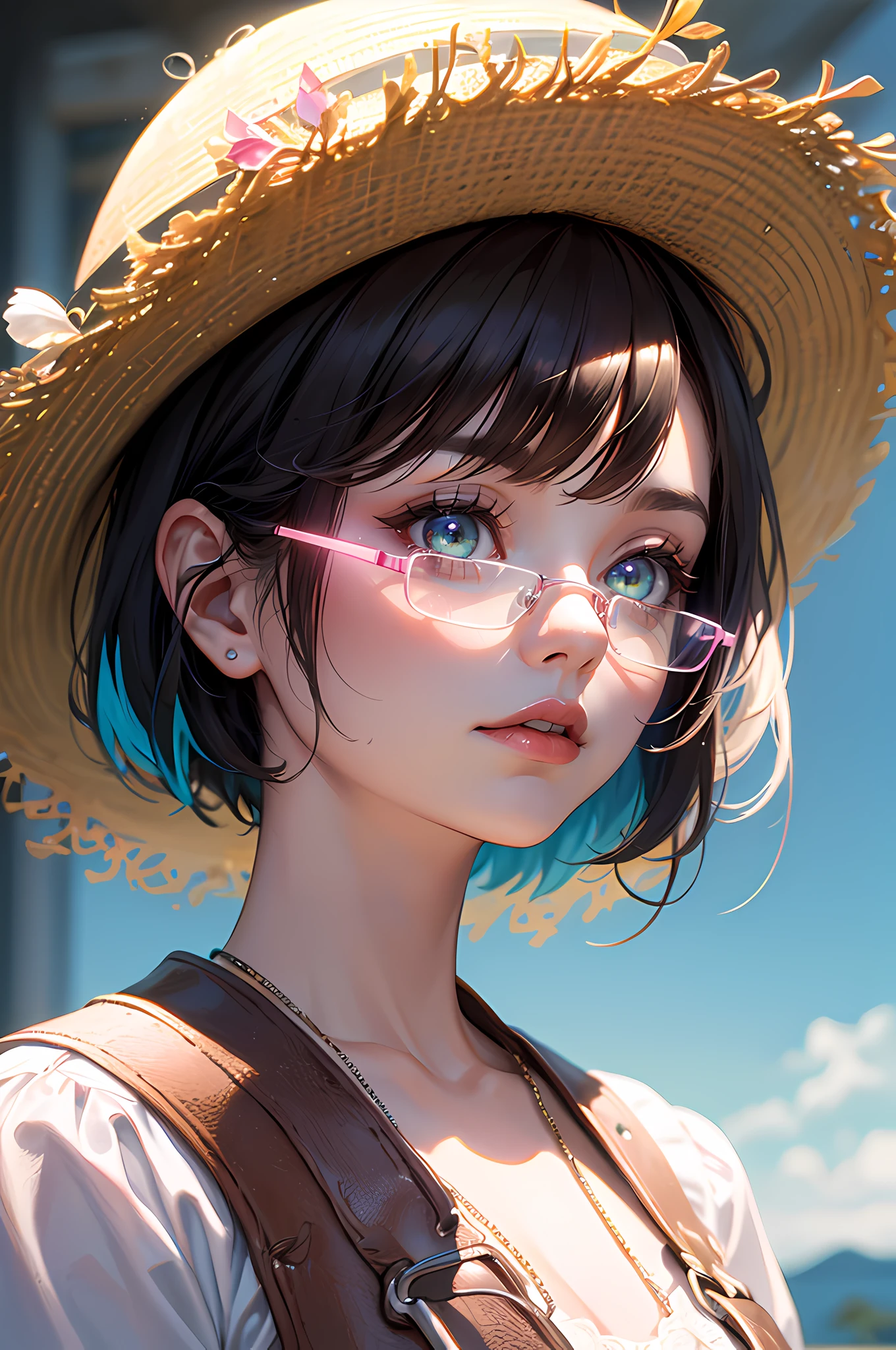 short bob hair,(intricately colored eyes:1.1),(glowing glasses), ((intricately detailed eyes)),ultra detailed, masterpiece, detailed eye, big bright eyes,(Masterpiece:1.2), best quality, (illustration:1.2), (ultra-detailed),Eye focus,(Masterfully crafted Glow, pink lens flare), (Cinematic background), hyper details,(delicate detailed), (intricate details), octane render, hdr, (hyperdetailed:1.15), (((colourful))),(soft light:1.2),