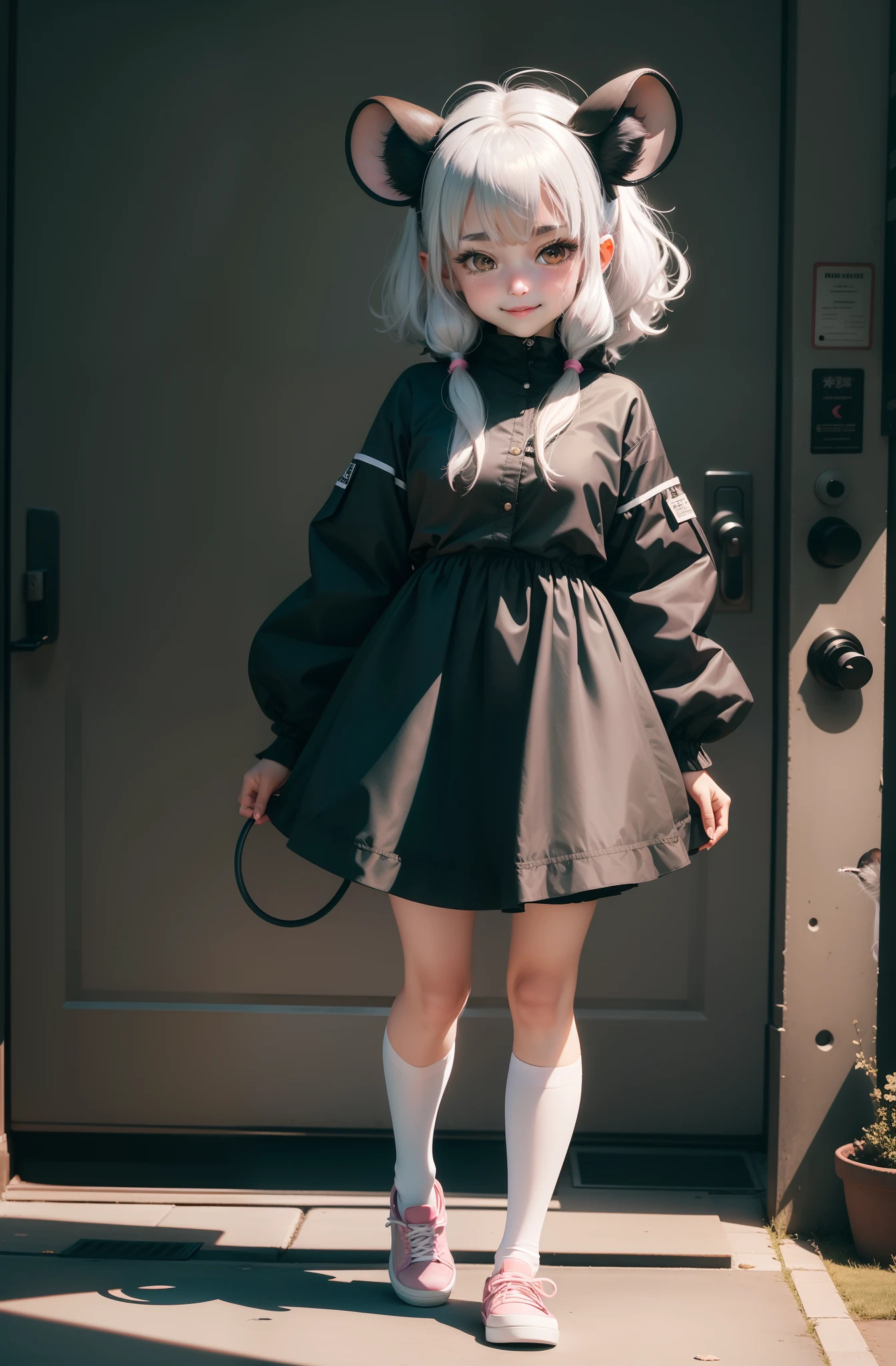 Cute black fur of mouse females, hair bobbles, wince, long eyelasher, solid circle eyes, Fake animal ears, Light smile, Ear blush, Fang, Light smile,,Silver hair, Colored inner hair, surrealism, shadowing, anaglyph, stereograms, tachi-e, angle of view, Atmospheric perspective, 8K, Super detail, ccurate, The best quality cheese in your hands Wear pink board shoes Wear skirts Moles under the eyes White stockings