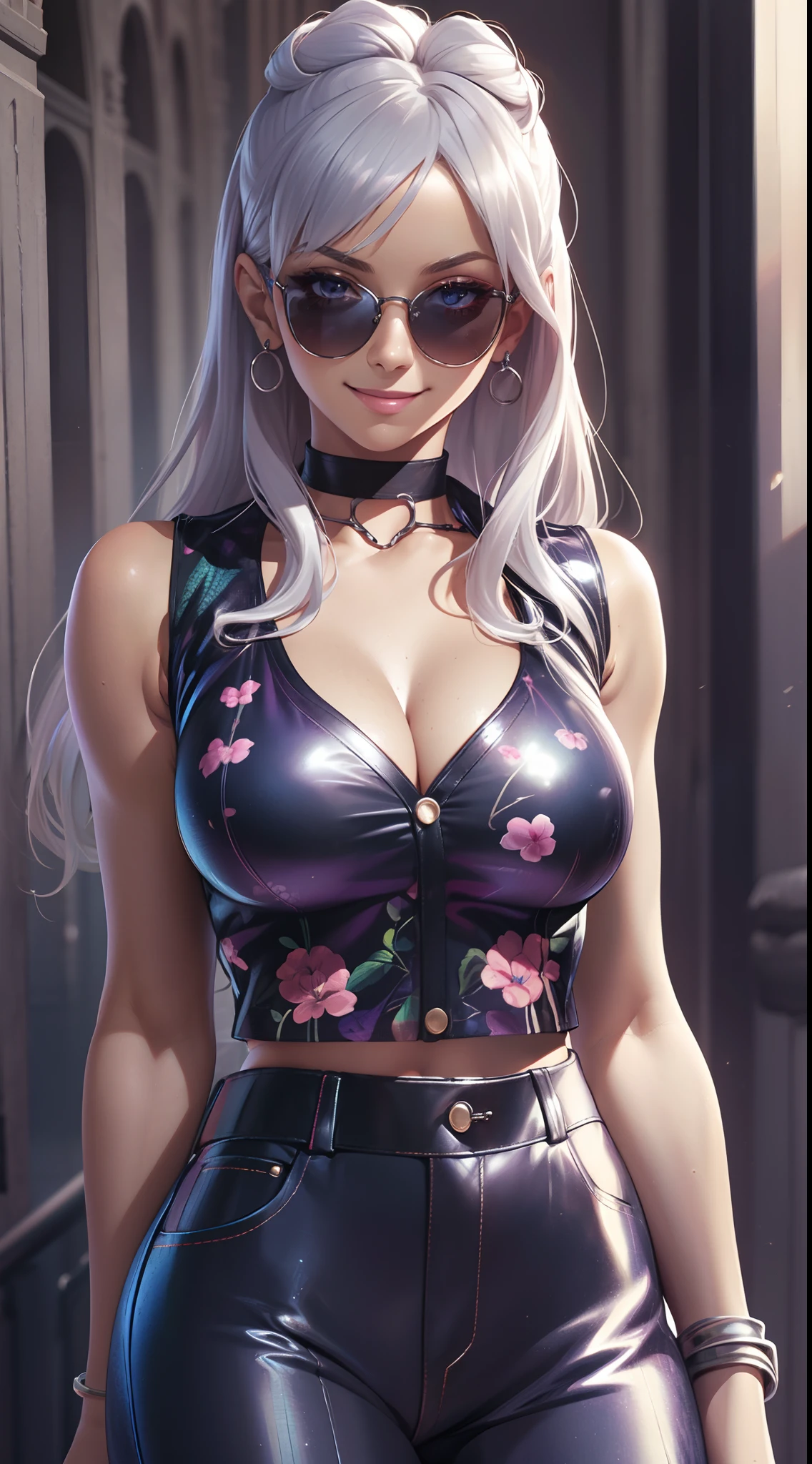 ((best quality, masterpiece)), detailed, realistic, 1woman, cool, fancy ((sleeveless)) floral print shirt unbuttoned, (American armhole), stylish pants, choker, long stylish platinum silver hair, dark shades, smug smile