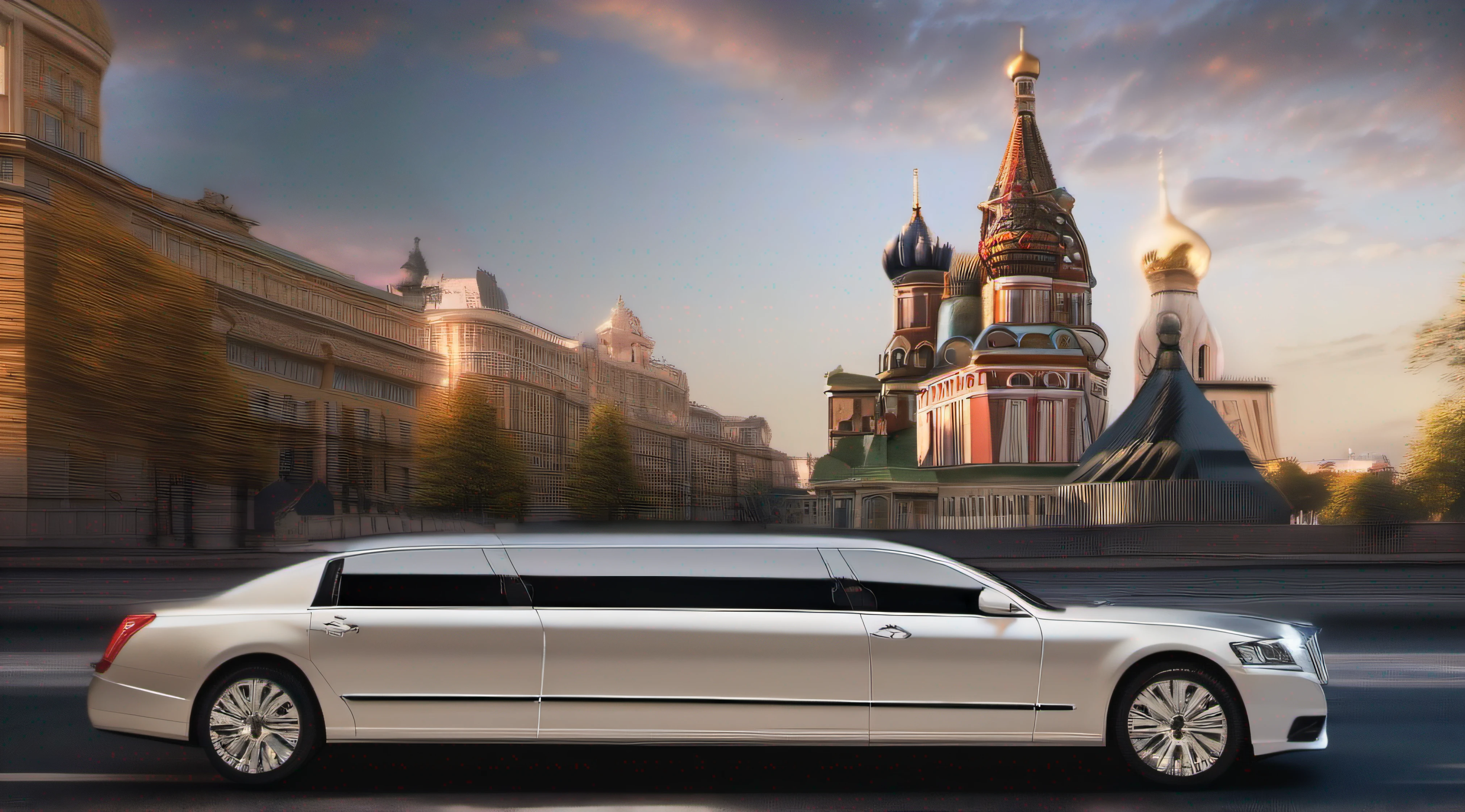 The exterior of the limousine if it were produced in Russia moving in the city, digital photo, rendering, full height, correct shapes, realistic vision, very high detail, sharp focus, shooting with a SLR camera, 16k, Full HD