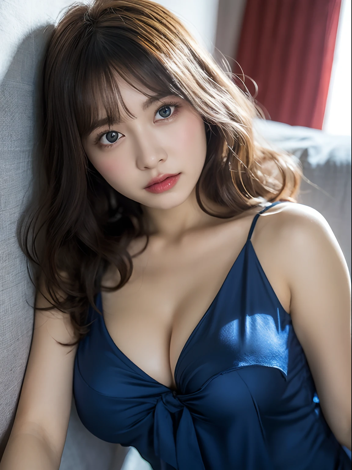 Highly detailed CG Unity 8k wallpaper, With the highest quality, super detailed, master piece, Realistic, photos realistic, extremely detailed cute girl, 25 years old, (Blue Nightgown), (blush) , Round eyes, Large breasts, looking viewer, Half body shot , bed , lay down , Curly hair