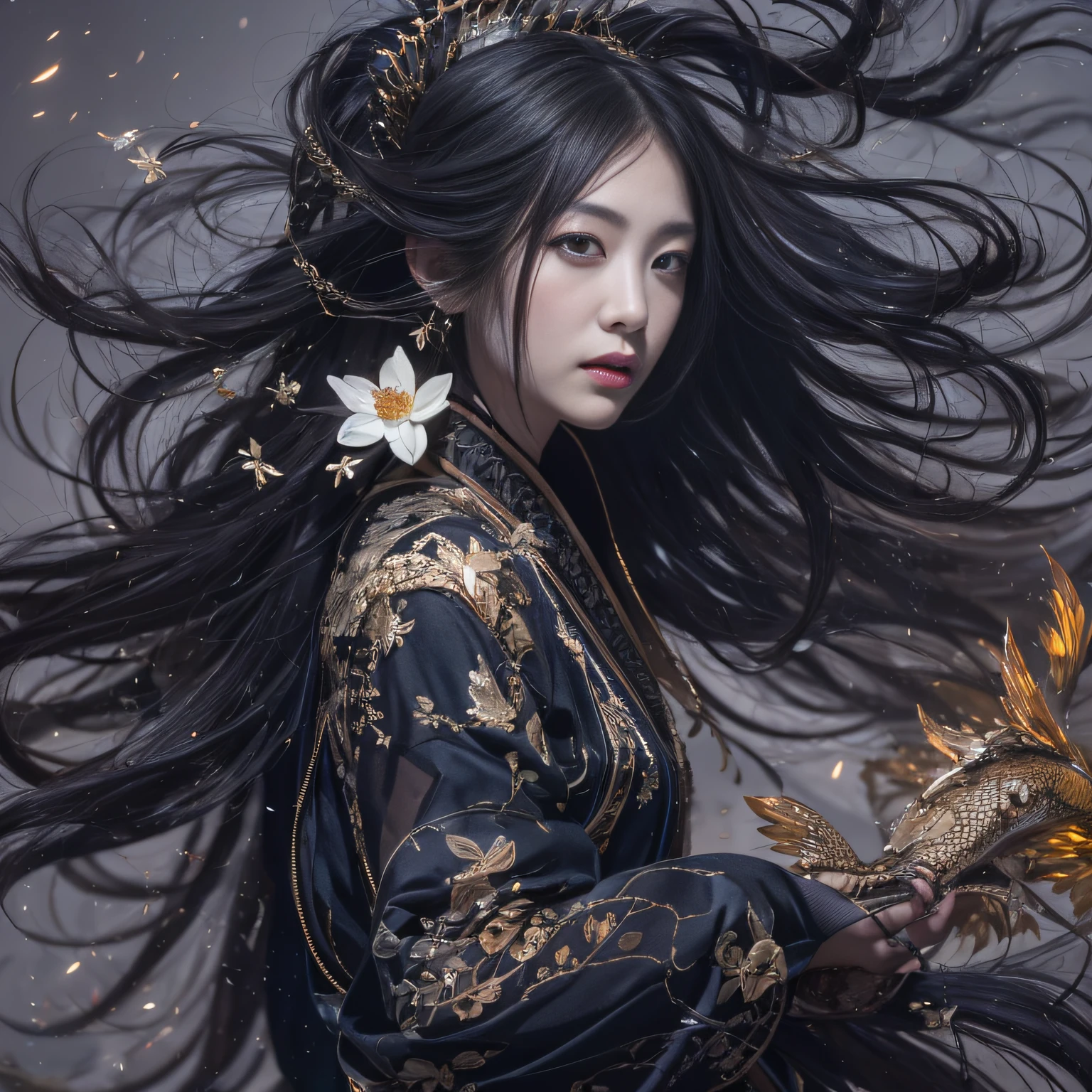 32K(tmasterpiece,k hd,hyper HD,32K)Long flowing black hair,ponds,zydink, a color, Asian people (Silly girl), (Silk scarf), Combat posture, looking at the ground, long whitr hair, Floating hair, Python headdress, Chinese long-sleeved clothing, (abstract ink splash:1.2), white backgrounid,Lotus Protector(realisticlying:1.4),Black color hair,Snowflakes fluttering,The background is pure, A high resolution, the detail, RAW photogr, Sharp Re, Nikon D850 Film Stock Photo by Jefferies Lee 4 Kodak Portra 400 Camera F1.6 shots, Rich colors, ultra-realistic vivid textures, Dramatic lighting, Unreal Engine Art Station Trend, cinestir 800,Long flowing black hair