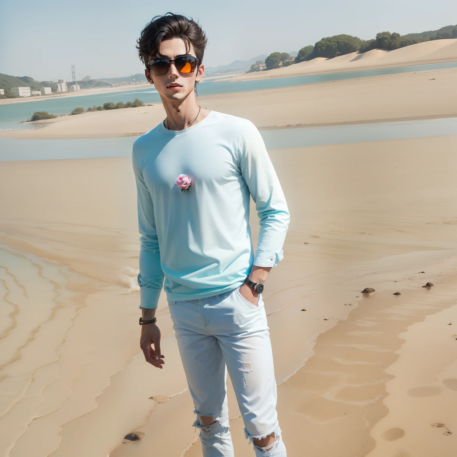 A hot boy with rose and riverside pistal hand face black sunglasses