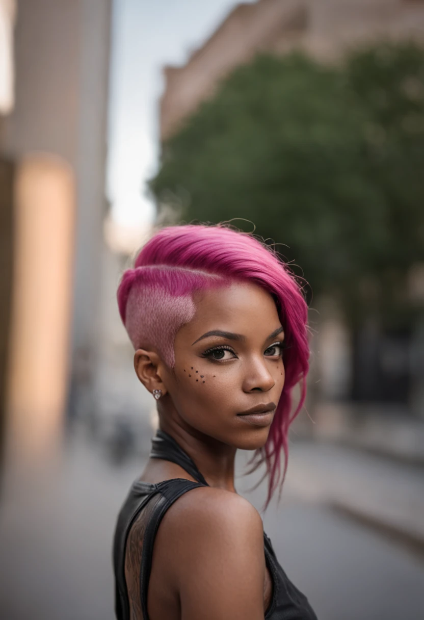 Portrait of a pink haired cyberpunk black woman with tattoos in the city with natural backlighting, fotografia ganhora de premio