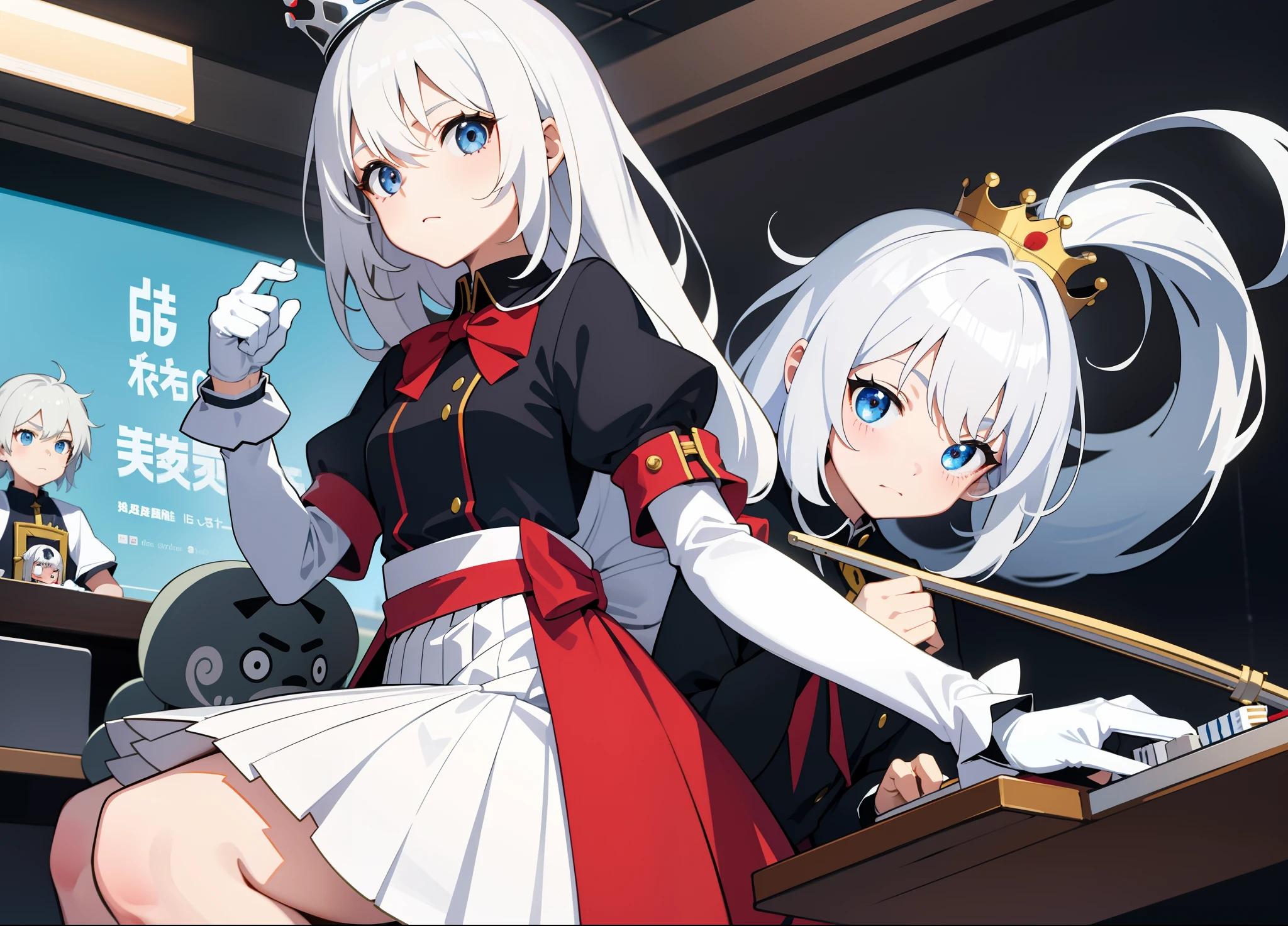 Anime 2D A petite 13 year old girl with white hair cute beautiful crown high chair a game of chess endgame white gloves
