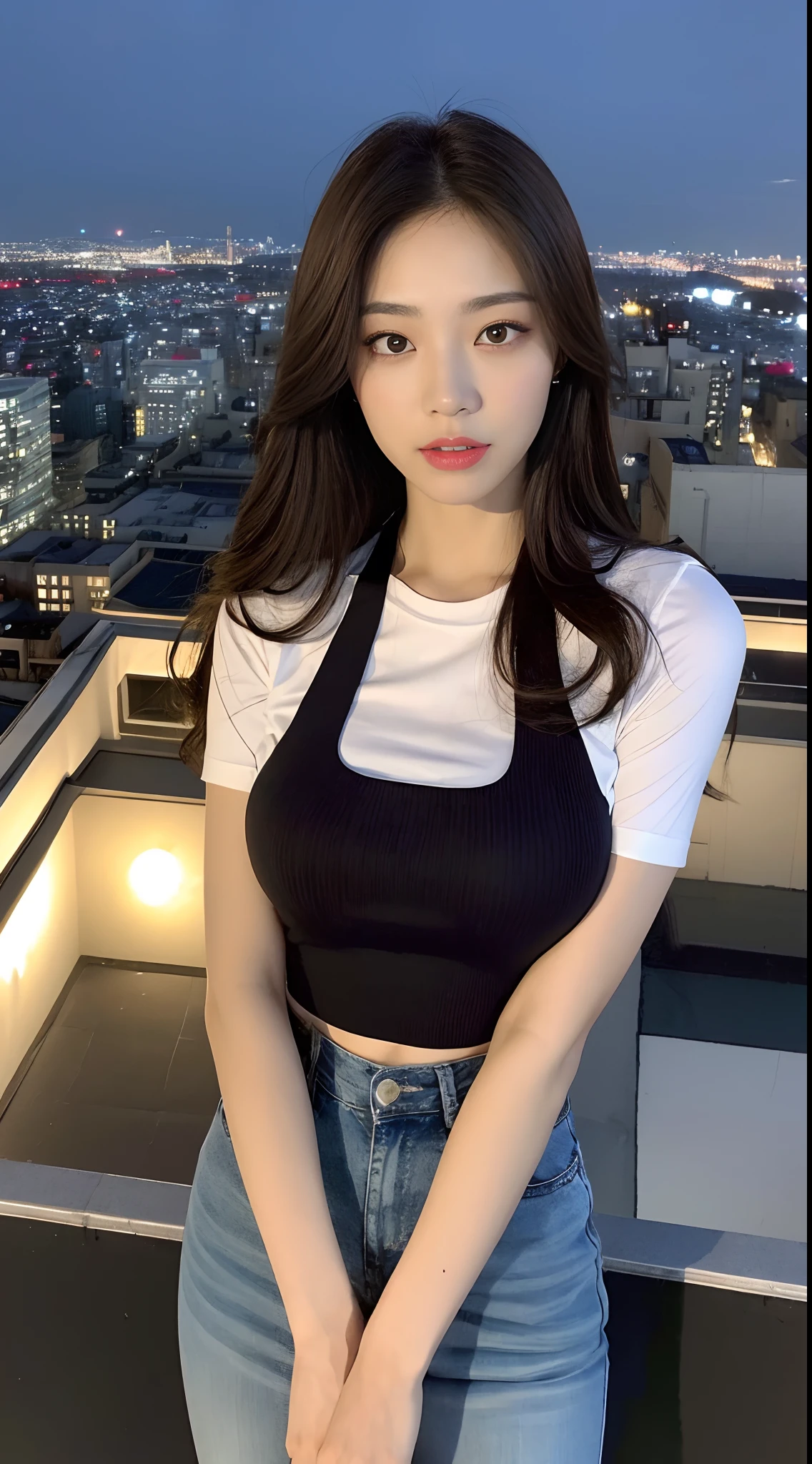 ((Midnight, Best quality, 8k, Masterpiece :1.3)), Whole body, Long legs, Sharp focus :1.2, A pretty woman with perfect figure :1.4, Slender abs :1.1, ((Dark brown hair,Gigantic breasts :1.2)), (White tight tshirt, Jean bib, Standing:1.2), ((Night city view, Rooftop:1.3)), Highly detailed face and skin texture, Detailed eyes, Double eyelid